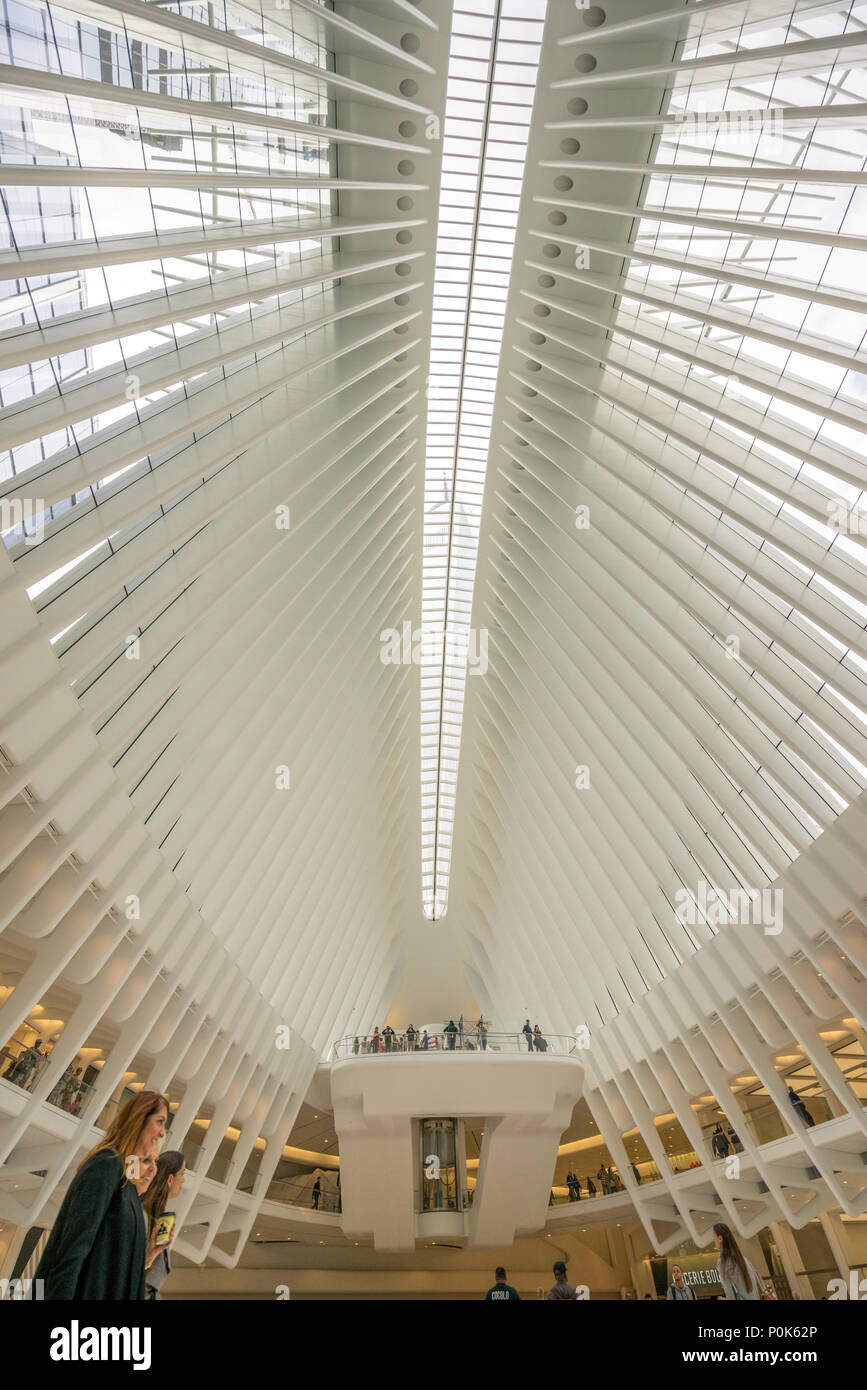 All'interno del World Trade Center Hub di trasporto, con il suo unico e bellissimo costruzione dello scheletro Foto Stock