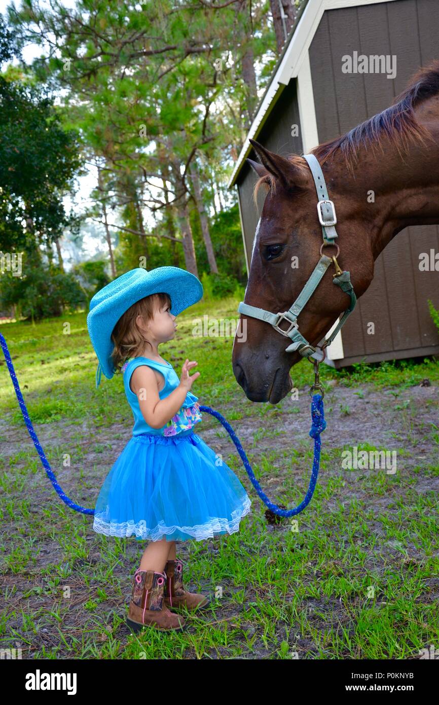 Bambina vestito blu in una fattoria impostazione. Foto Stock