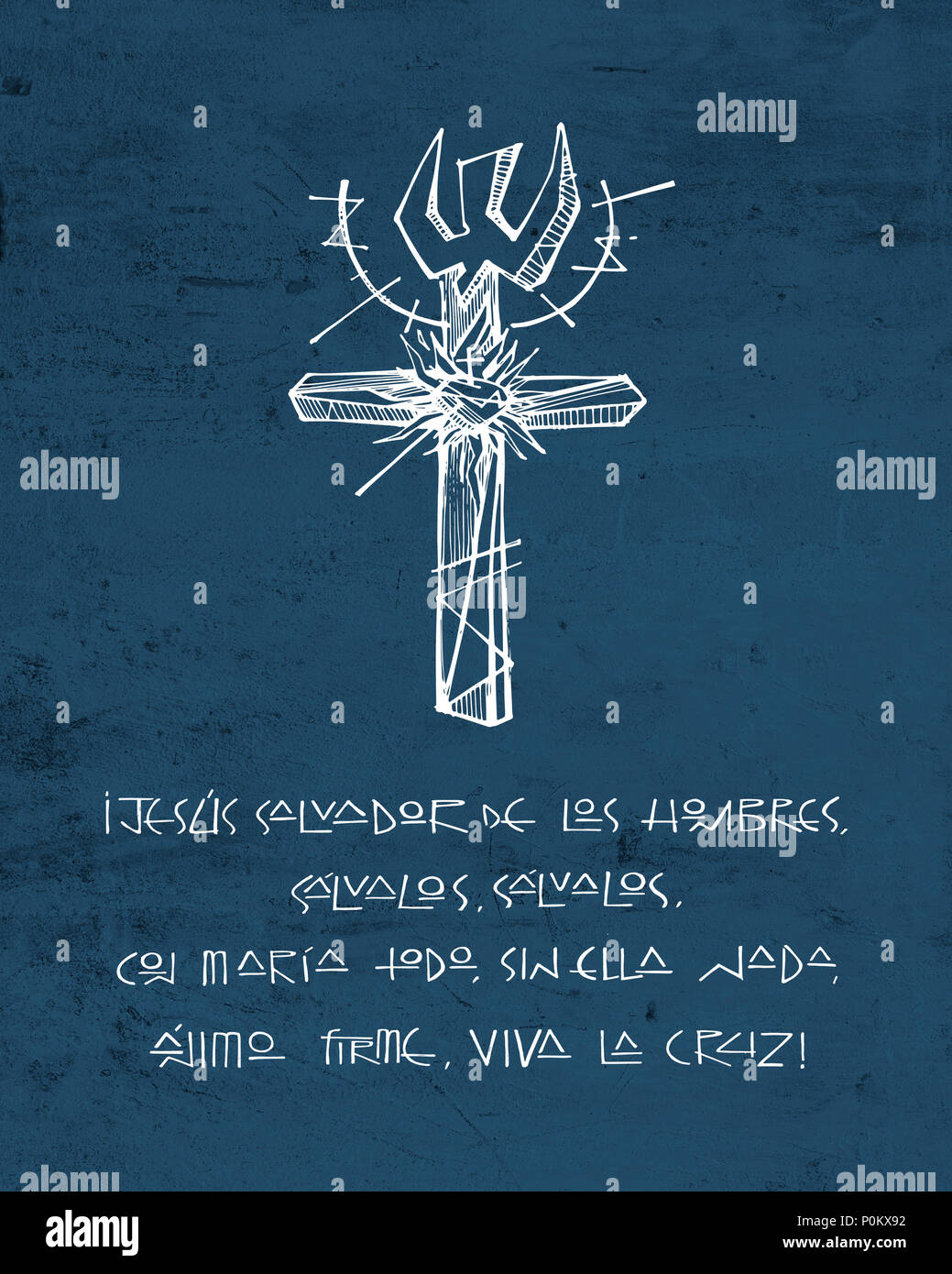 Disegnato a mano o illustrazione di disegno di un religioso simbolo trasversale e la frase in spagnolo Foto Stock