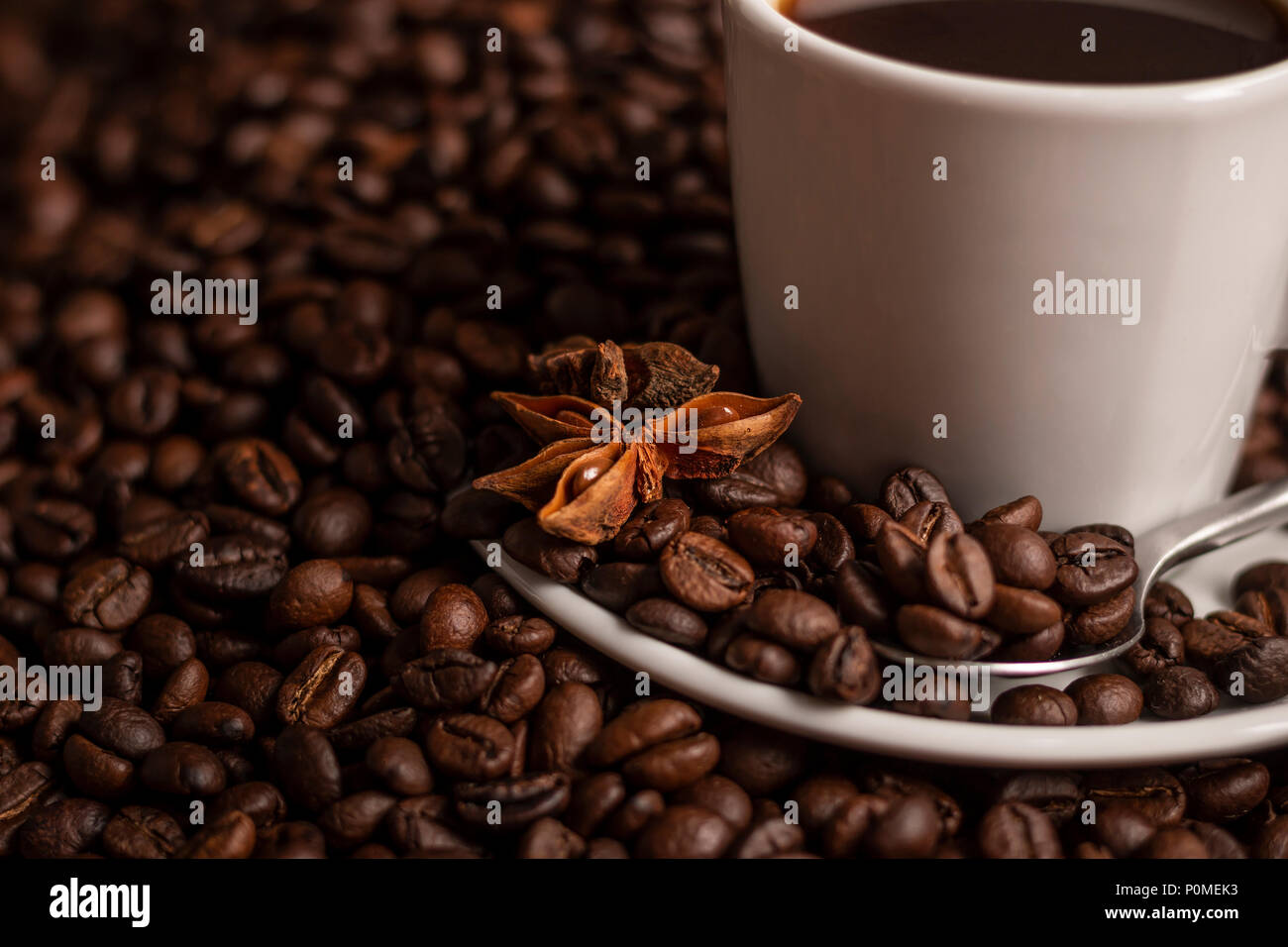 Abbondanti i chicchi di caffè intorno al colore bianco porcellana cup e anice stellato con spazio di copia Foto Stock