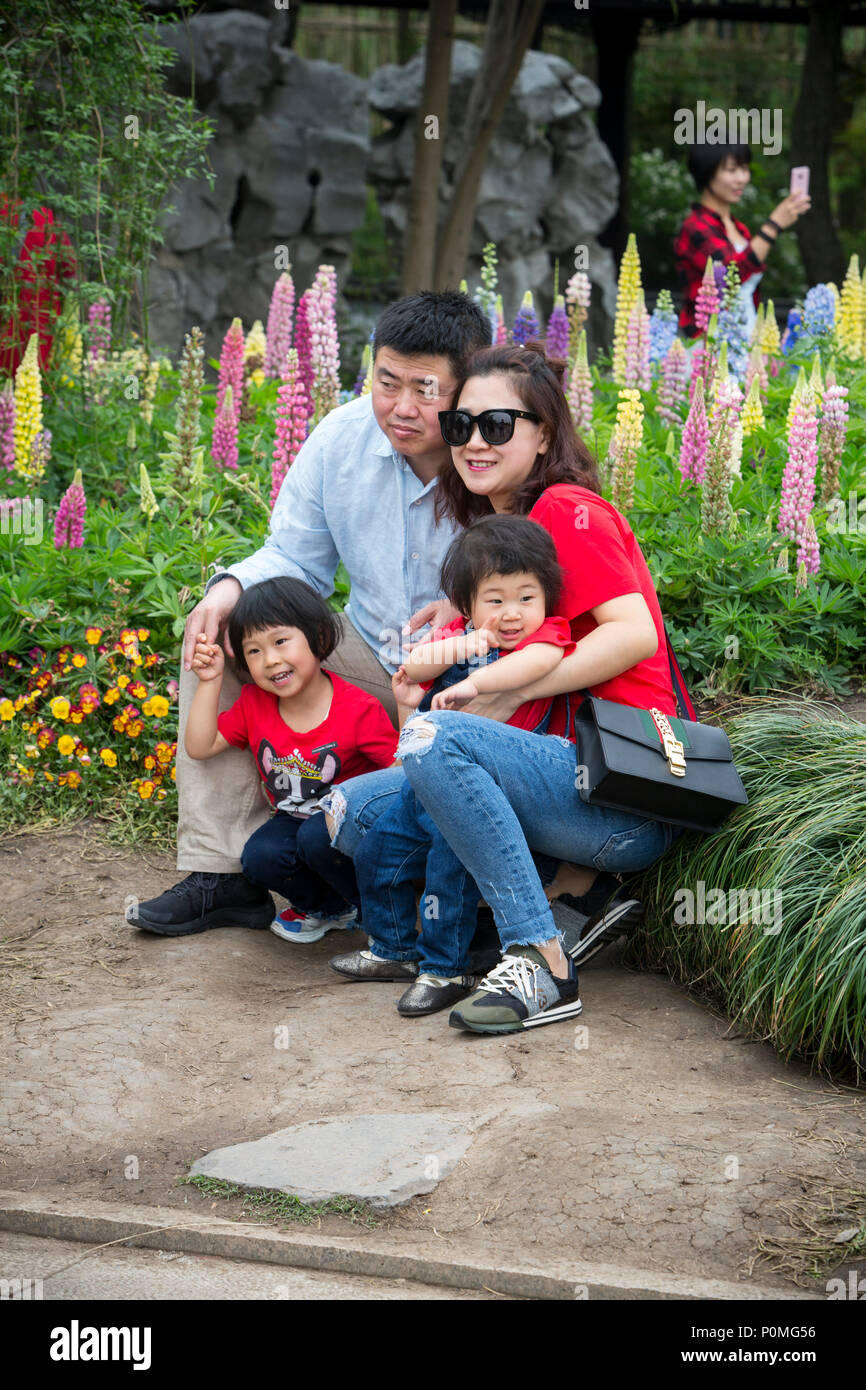 Yangzhou, Jiangsu, Cina. Famiglia giovane che posano per una foto, snello West Lake Park. Foto Stock