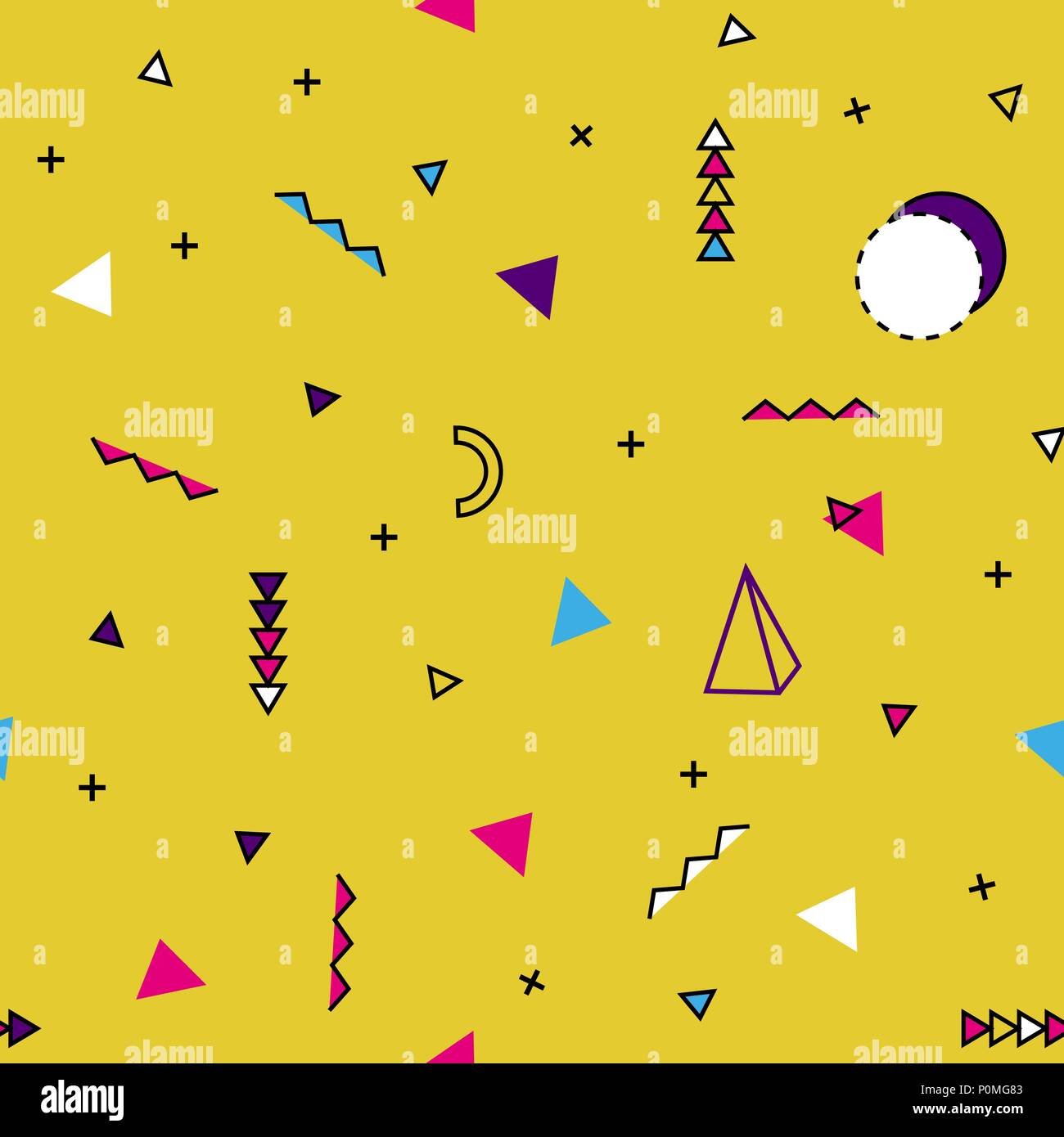 Memphis modello di forme geometriche per il tessuto e cartoline. Hipster poster, succosa, colore brillante background. Illustrazione Vettoriale