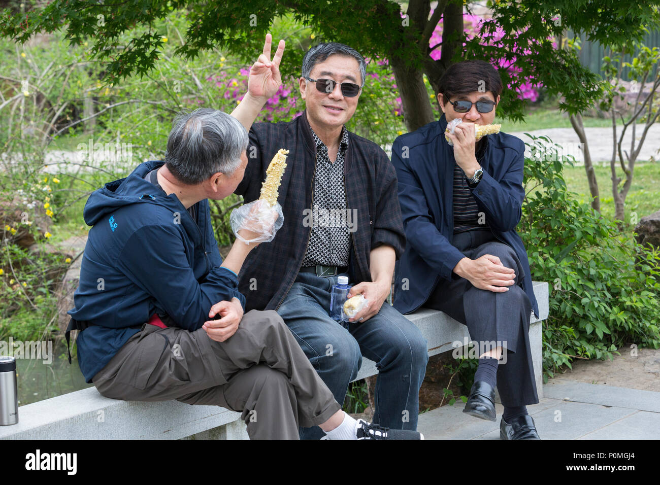 Yangzhou, Jiangsu, Cina. Tre uomini rilassante, mangiare sulla pannocchia di mais, snello West Lake Park. Foto Stock