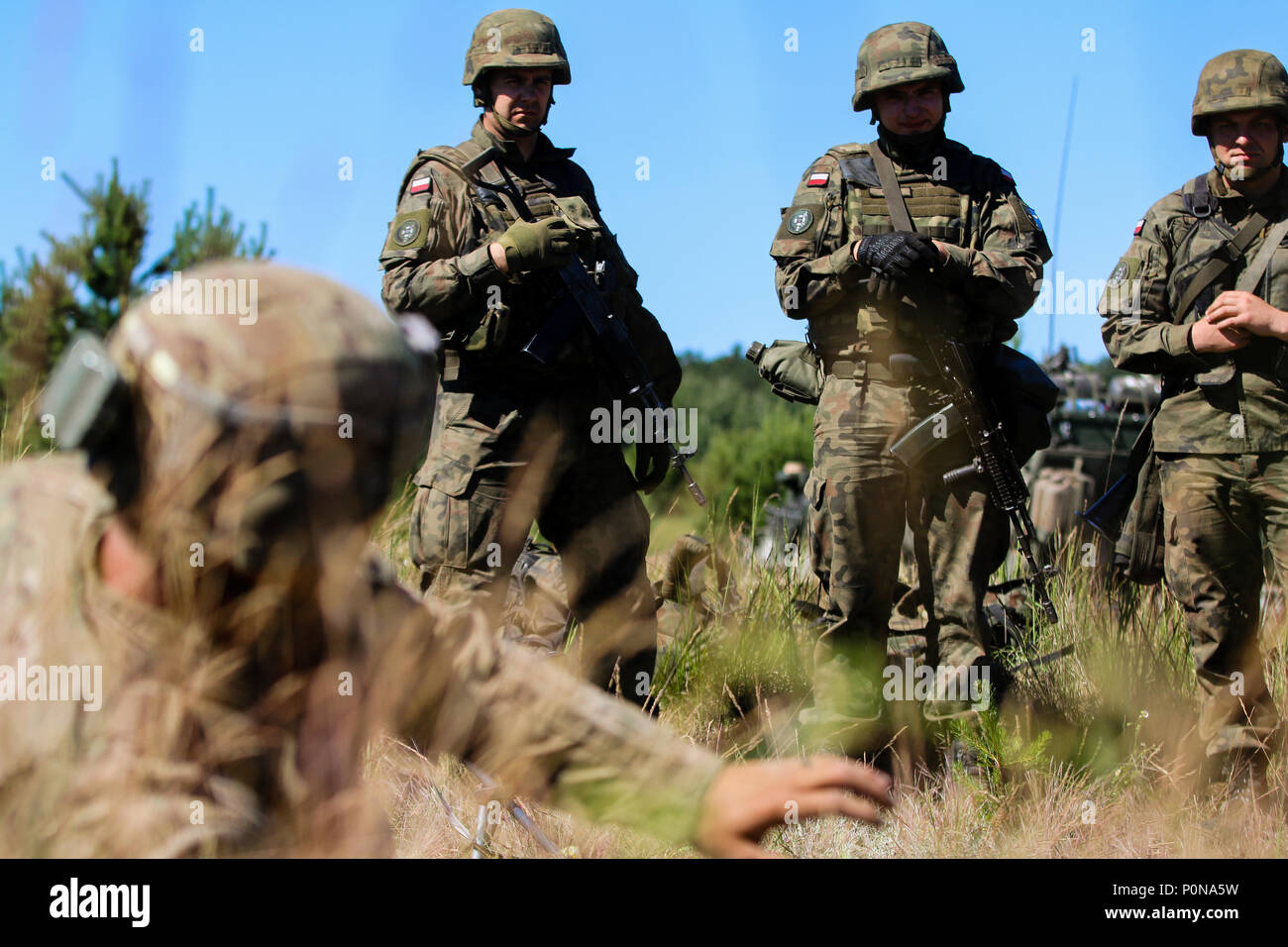 Stati Uniti Il personale dell'esercito Sgt. Mitchel Prezzo (sinistra), piccolo scivolo, Wisconsin native, leader di squadra con il primo squadrone, 2° reggimento di cavalleria, insegna esercito polacco soldati con xv brigata meccanizzata, su come lanciare granate durante il Puma 2 esercizio come una parte di Saber Strike 18 con il gruppo di combattimento della Polonia a Wyreby, Polonia il 7 giugno 2018. Questo anno di esercizio, che corre da Giugno 3-15, prove di alleati e partner provenienti da 19 paesi sulla loro capacità di lavorare insieme per scoraggiare le aggressioni nella regione e migliorare ogni unità è la sua capacità di svolgere la loro missione designata. (U.S. Esercito foto di Spc. Hubert D. Delany II Foto Stock