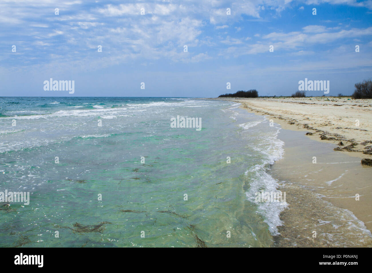 Il deserta fiaba spiaggia con sabbia dorata, bellissimo cielo e acqua turchese sulle rive dell'oceano. Foto Stock