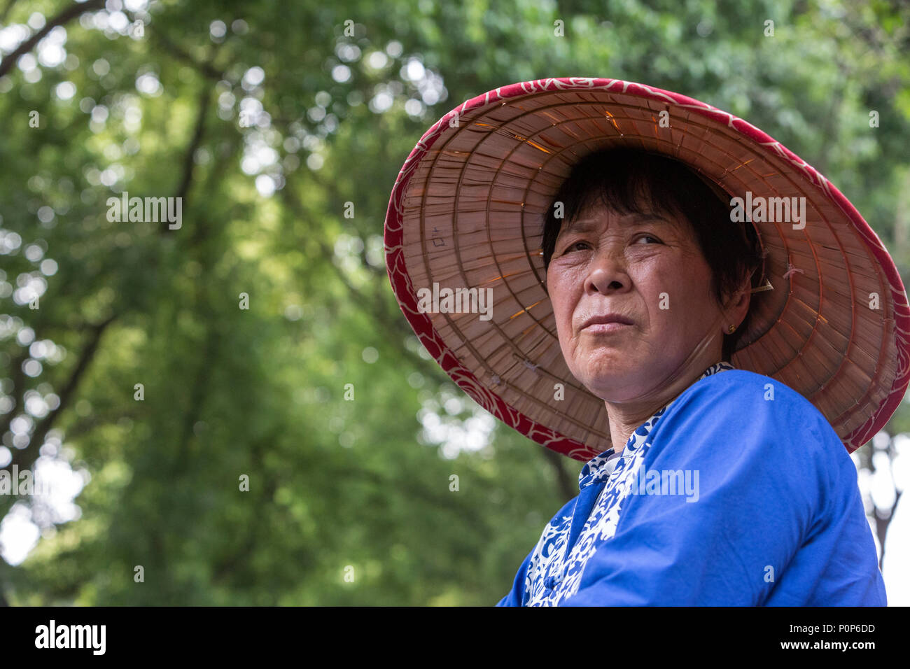 Suzhou, Jiangsu, Cina. Donna di mezza età barca a remi per i visitatori su un canale in Tongli antica cittadina nei pressi di Suzhou. Foto Stock