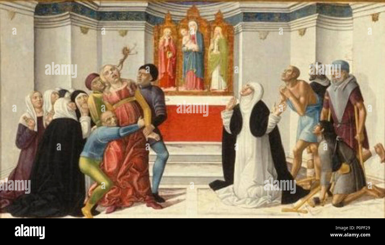 Santa Caterina di Siena esorcizzare un Ossessa dipinto da Girolamo di benvenuto. Foto Stock