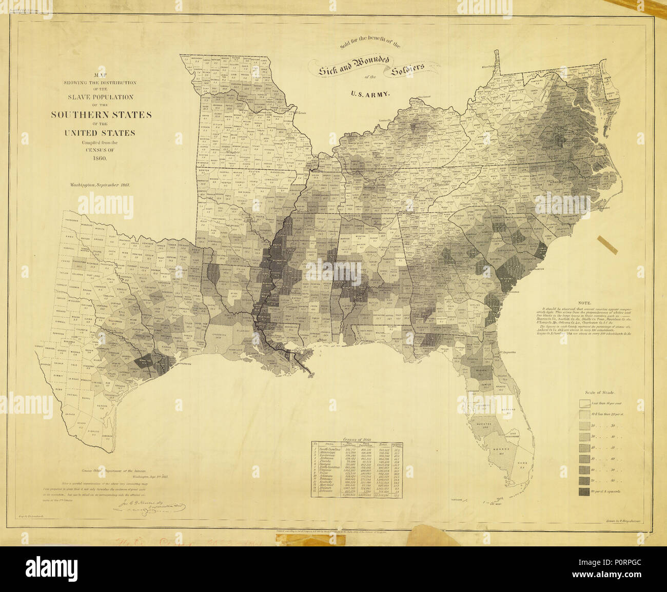 La mappa mostra la distribuzione della popolazione di schiavi degli Stati del sud degli Stati Uniti, compilata dal censimento del 1860. Foto Stock