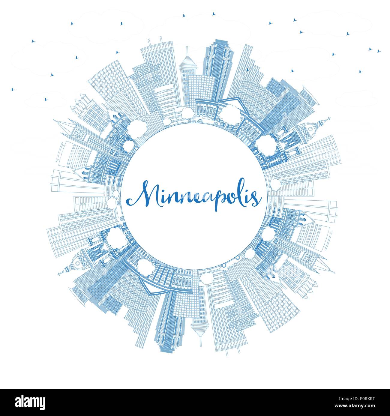 Delineare Minneapolis Minnesota Skyline con edifici blu e copia di spazio. Illustrazione Vettoriale. Illustrazione Vettoriale
