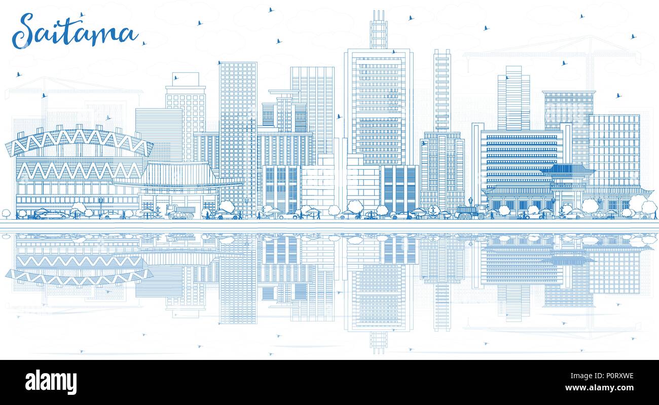 Delineare Saitama Giappone skyline della città con edifici blu e riflessi. Illustrazione Vettoriale. Viaggi di affari e turismo concetto con architetto moderno Illustrazione Vettoriale