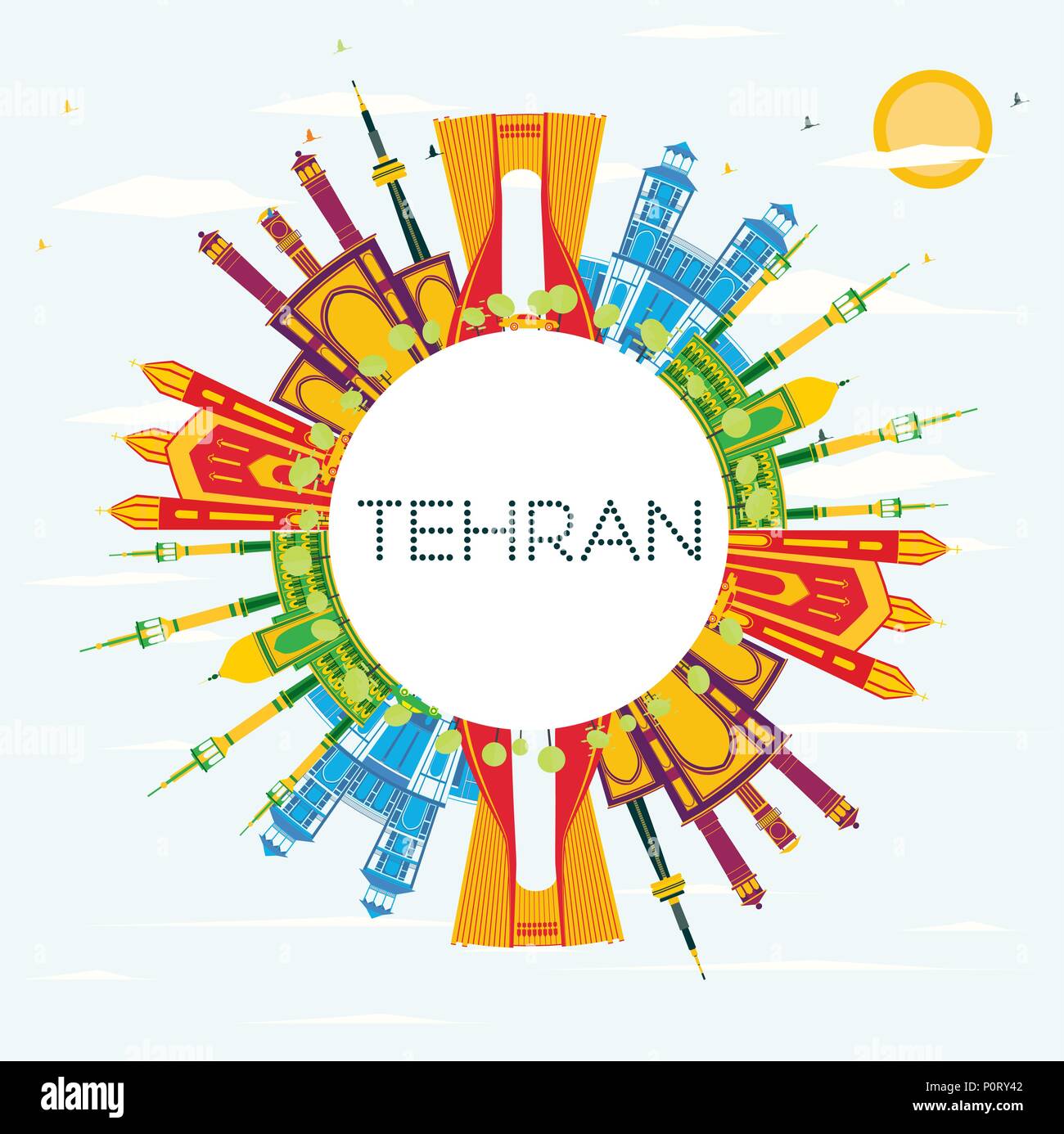 Tehran Skyline con punti di riferimento di colore, il blu del cielo e spazio di copia. Illustrazione Vettoriale. Illustrazione Vettoriale