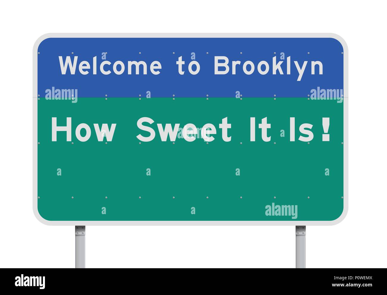 Illustrazione Vettoriale di benvenuto a Brooklyn ingresso blu e verde cartello stradale con lo slogan "come è dolce" Illustrazione Vettoriale