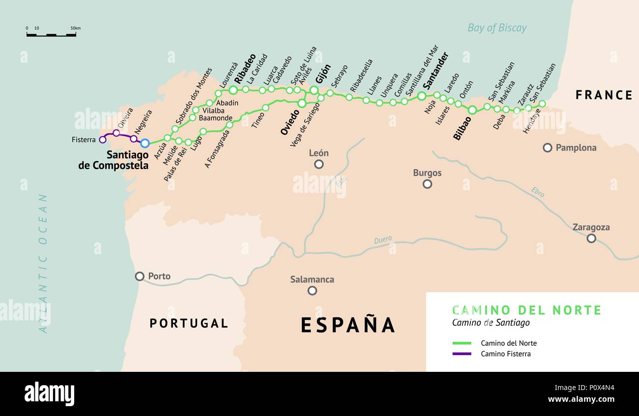 Camino del Norte mappa. Camino de Santiago o il modo di San Giacomo. Antico percorso di pellegrinaggio a Santiago de Compostela nel nord della Spagna. Illustrazione Vettoriale