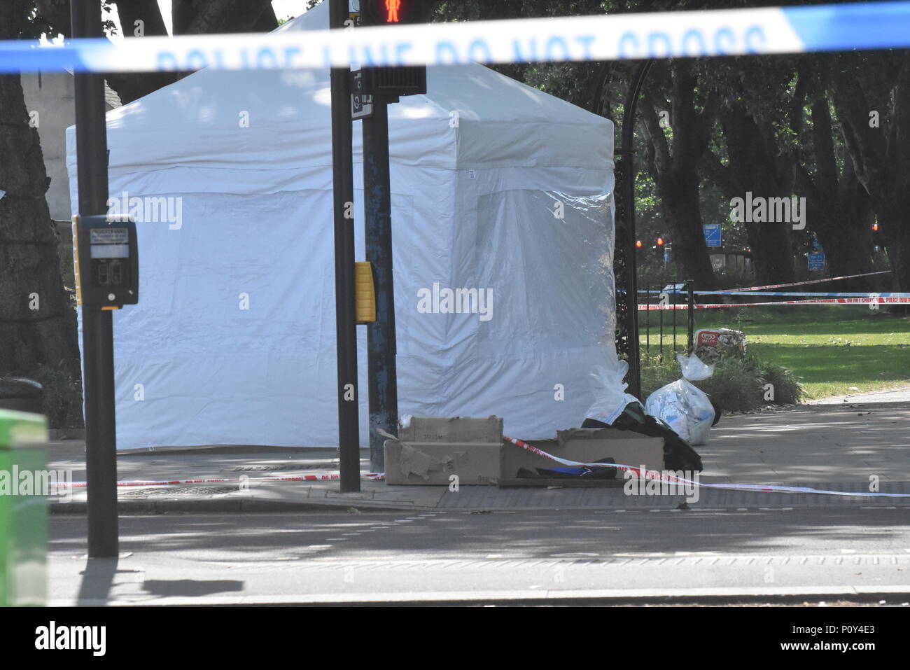 Londra, Regno Unito. Il 10 giugno 2018. La capitale vedere il 74omicidio questo anno così lontano come la scena di omicidio di un uomo ha detto di essere nel suo 30s è stato fatalmente pugnalato a morte. Egli è stato dichiarato morto sulla scena dall'ambulanza e i servizi di polizia che sono arrivati sulla scena in risposta alle chiamate di una gravemente ferito l uomo si è scoperto che la vittima era stata fatalmente accoltellato. La Metropolitan Police hanno aperto il loro 74assassinio di inchiesta dopo questo ultimo incidente per colpire la città capitale di Londra in questa frenesia di taglierini. Credito: Ricardo Maynard/Alamy Live News Foto Stock