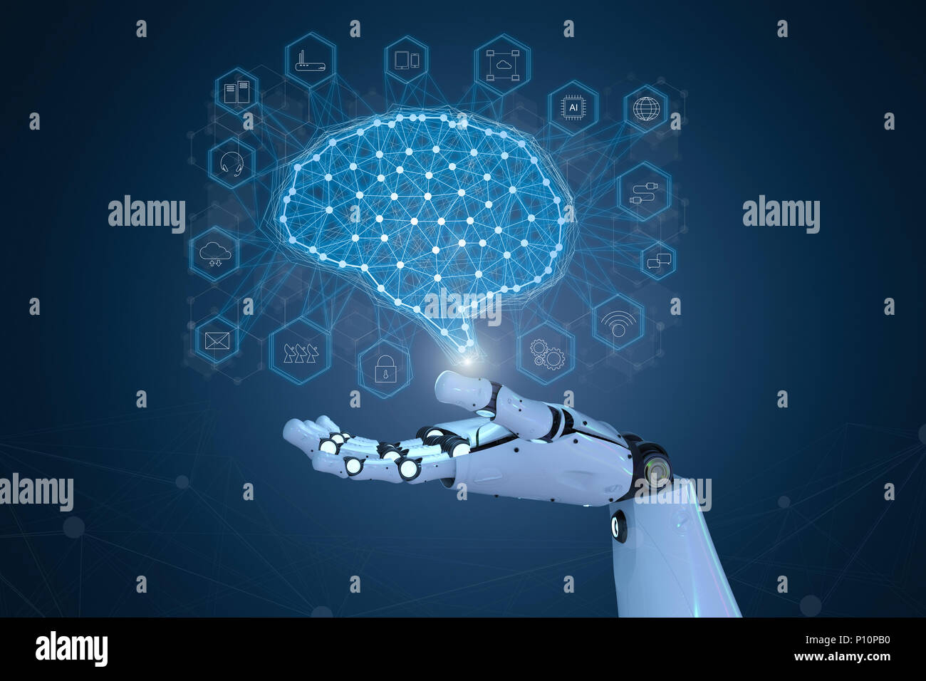 3D rendering mano robot intelligenza artificiale di visualizzazione cerebrale con icone della tecnologia Foto Stock