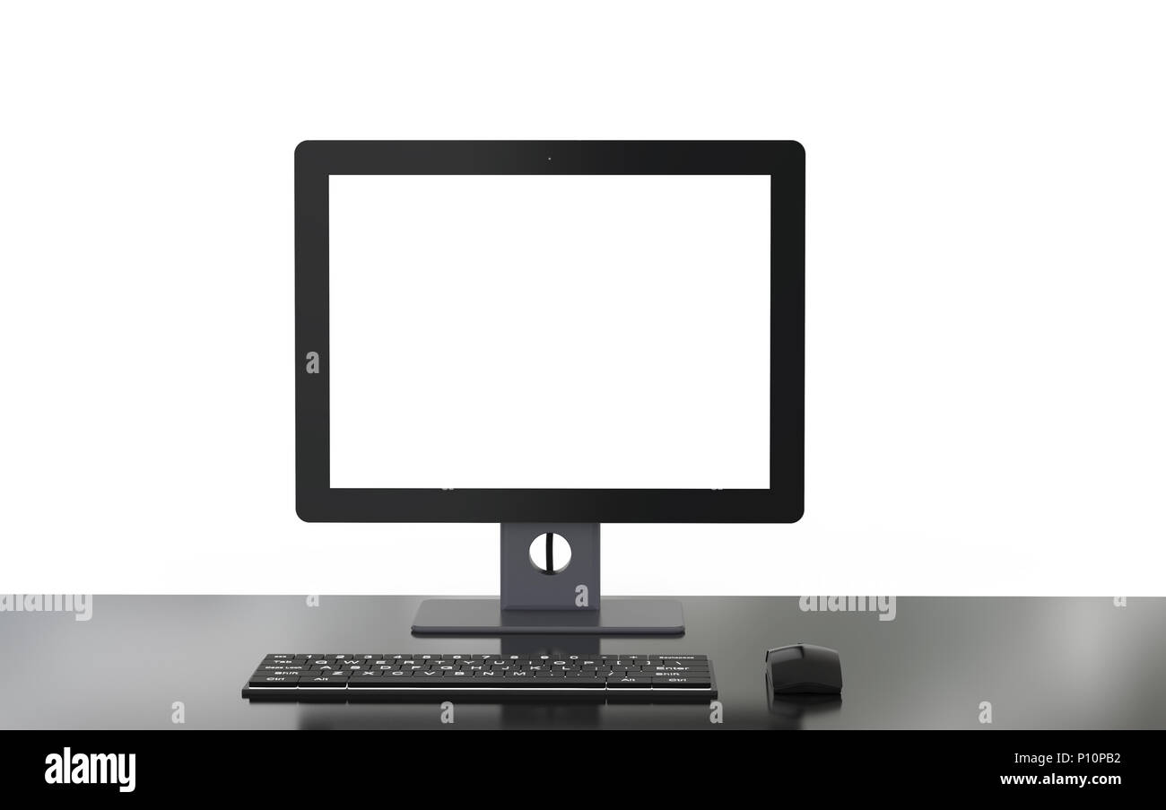 3D rendering schermo vuoto computer con tastiera e mouse su sfondo bianco Foto Stock