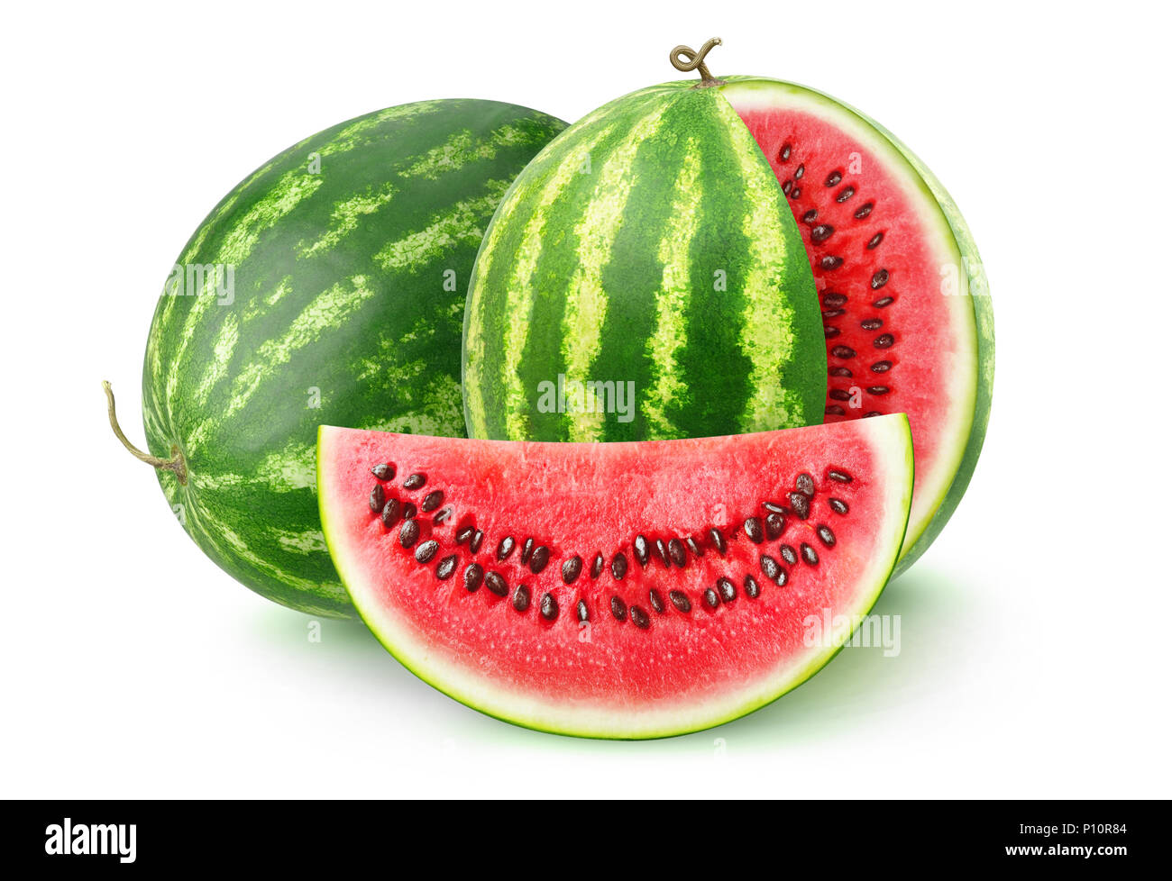 Frutta isolato. Due cocomeri isolato su sfondo bianco con tracciato di ritaglio Foto Stock