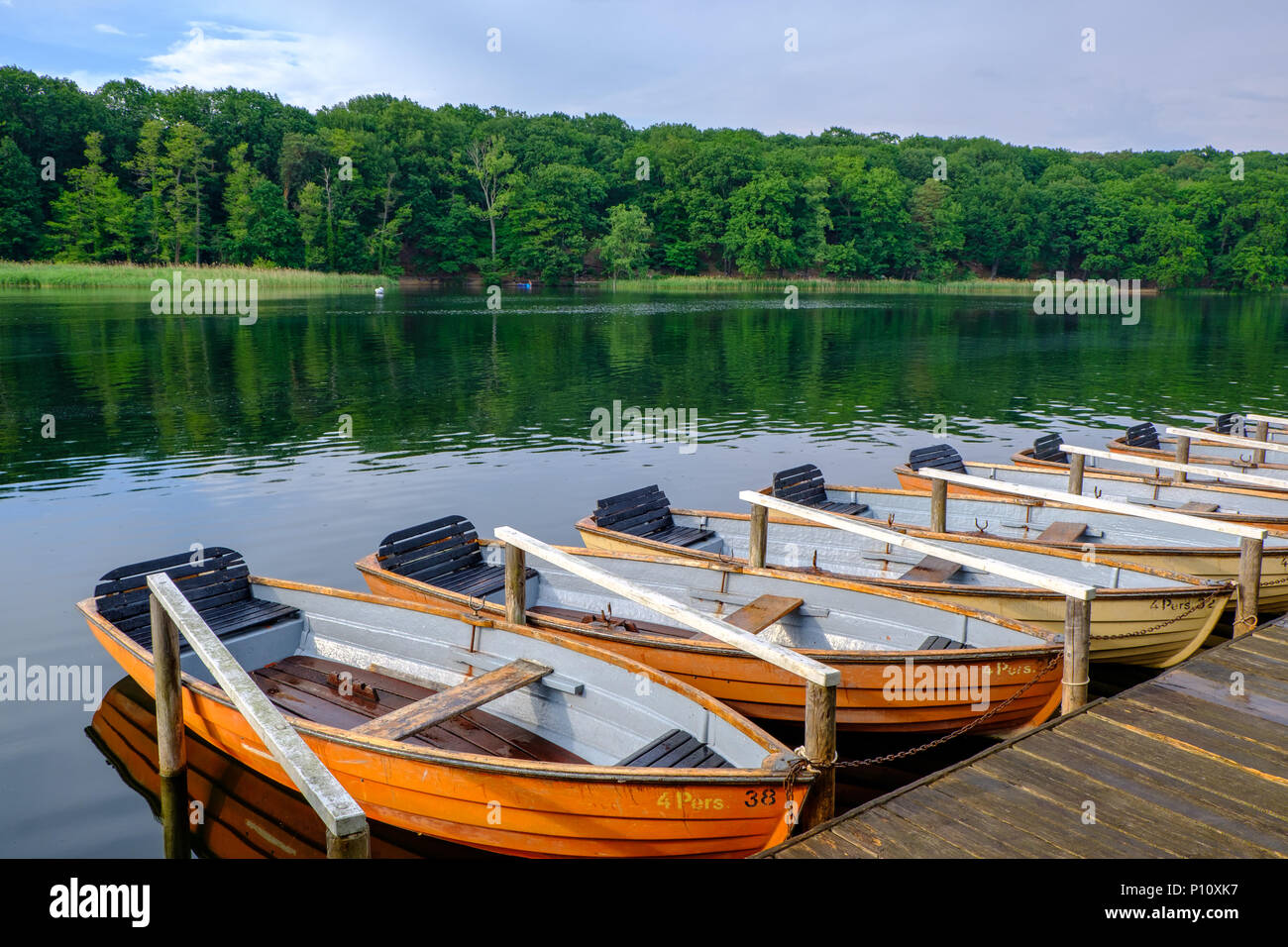 Attività ricreative imbarcazioni a remi ormeggiate presso il lago Schlachtensee in Berlin-Zehlendorf, Germania. Foto Stock