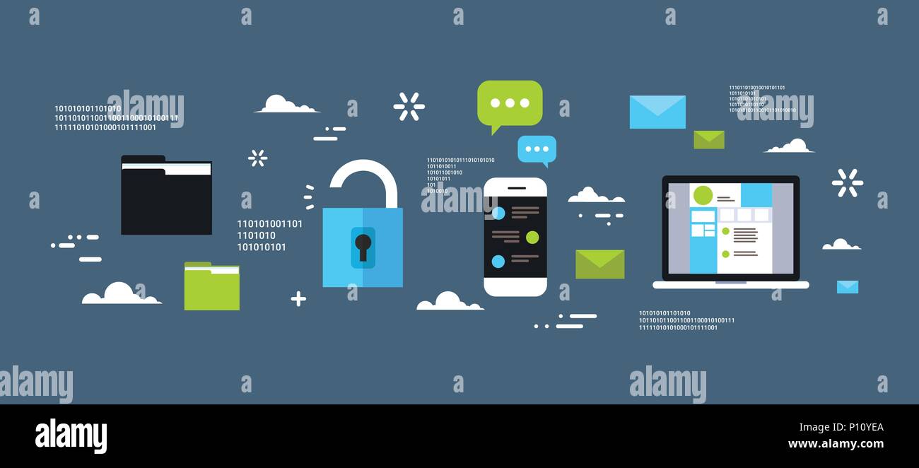 La protezione sicura di denaro elettronico il concetto di protezione Computer Privacy Internet Information Security piatta logo di intestazione Illustrazione Vettoriale