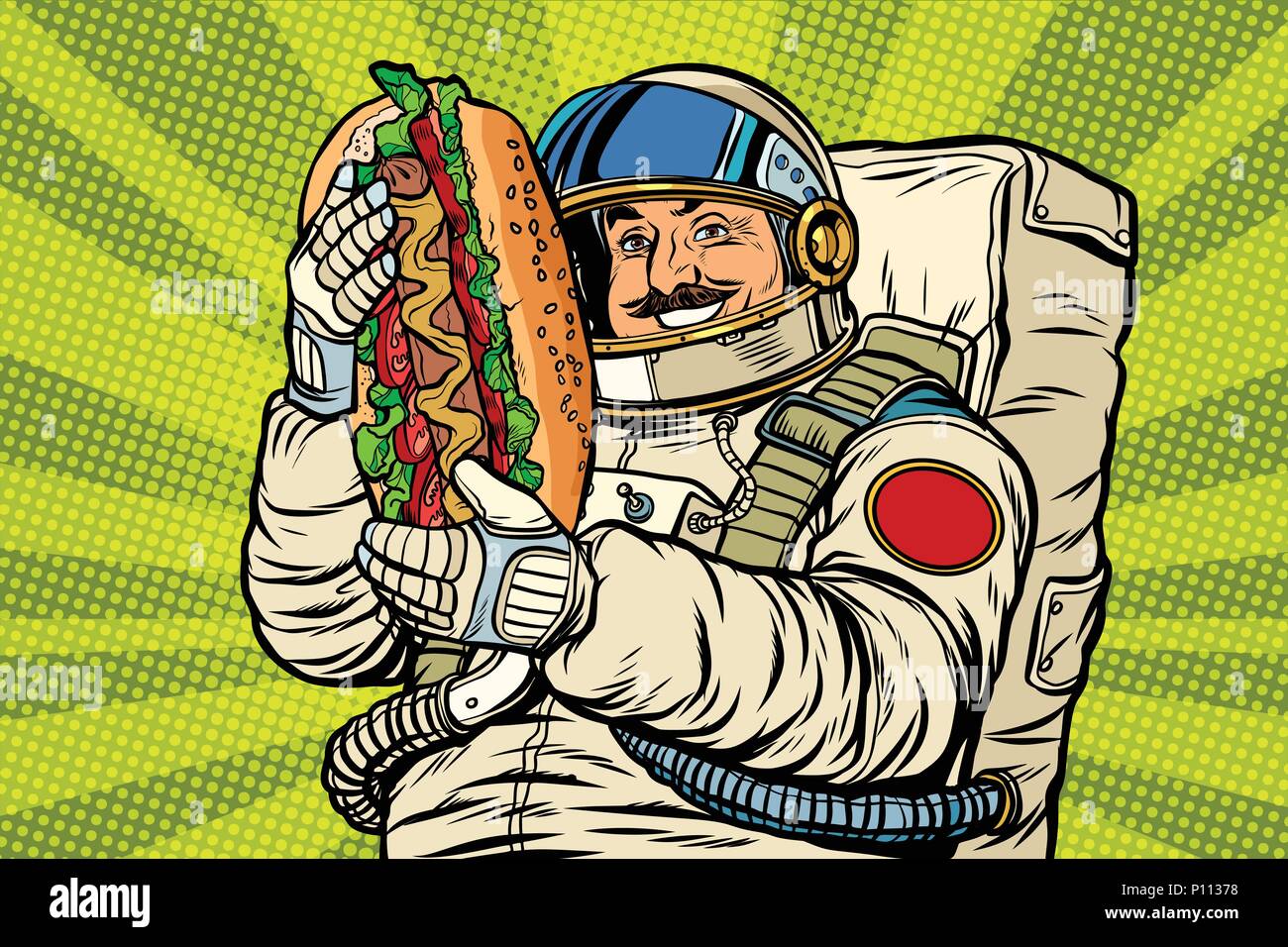 Astronauta Moustached con un hotdog Illustrazione Vettoriale