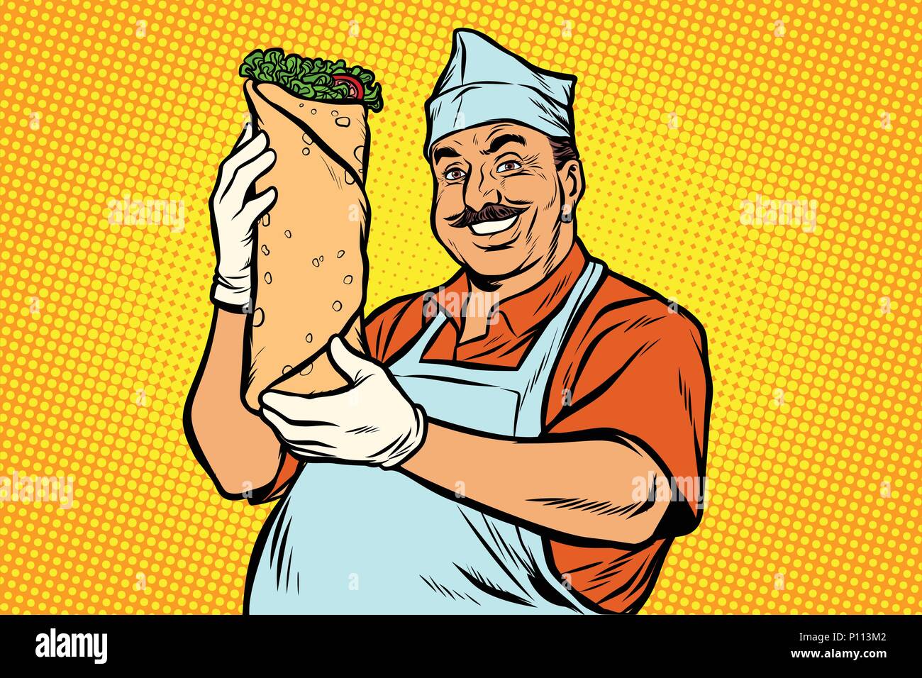 Sorridente Oriental street food chef. Shawarma Kebab Döner Illustrazione Vettoriale