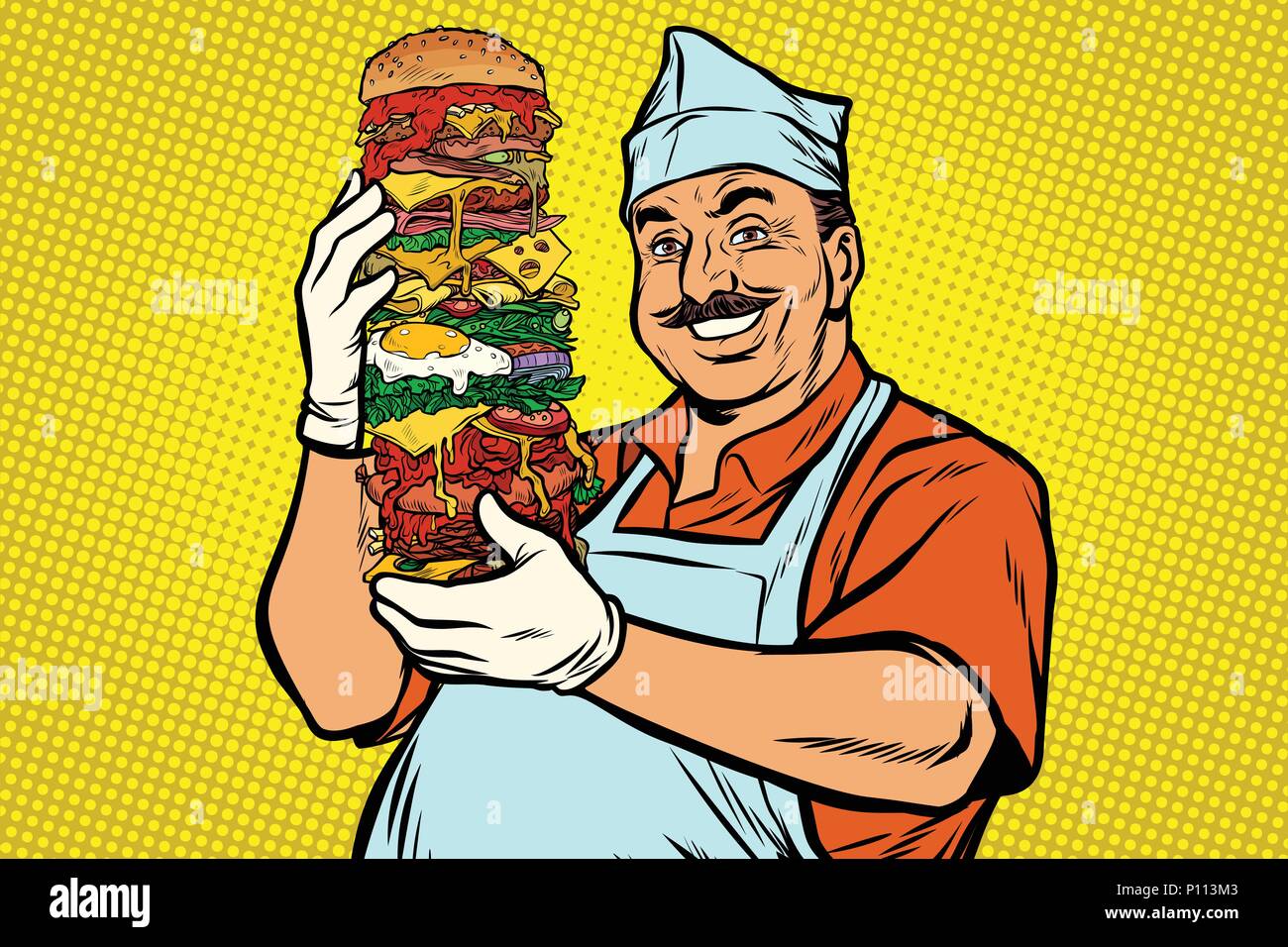 Sorridente Oriental street food chef. big Burger Illustrazione Vettoriale