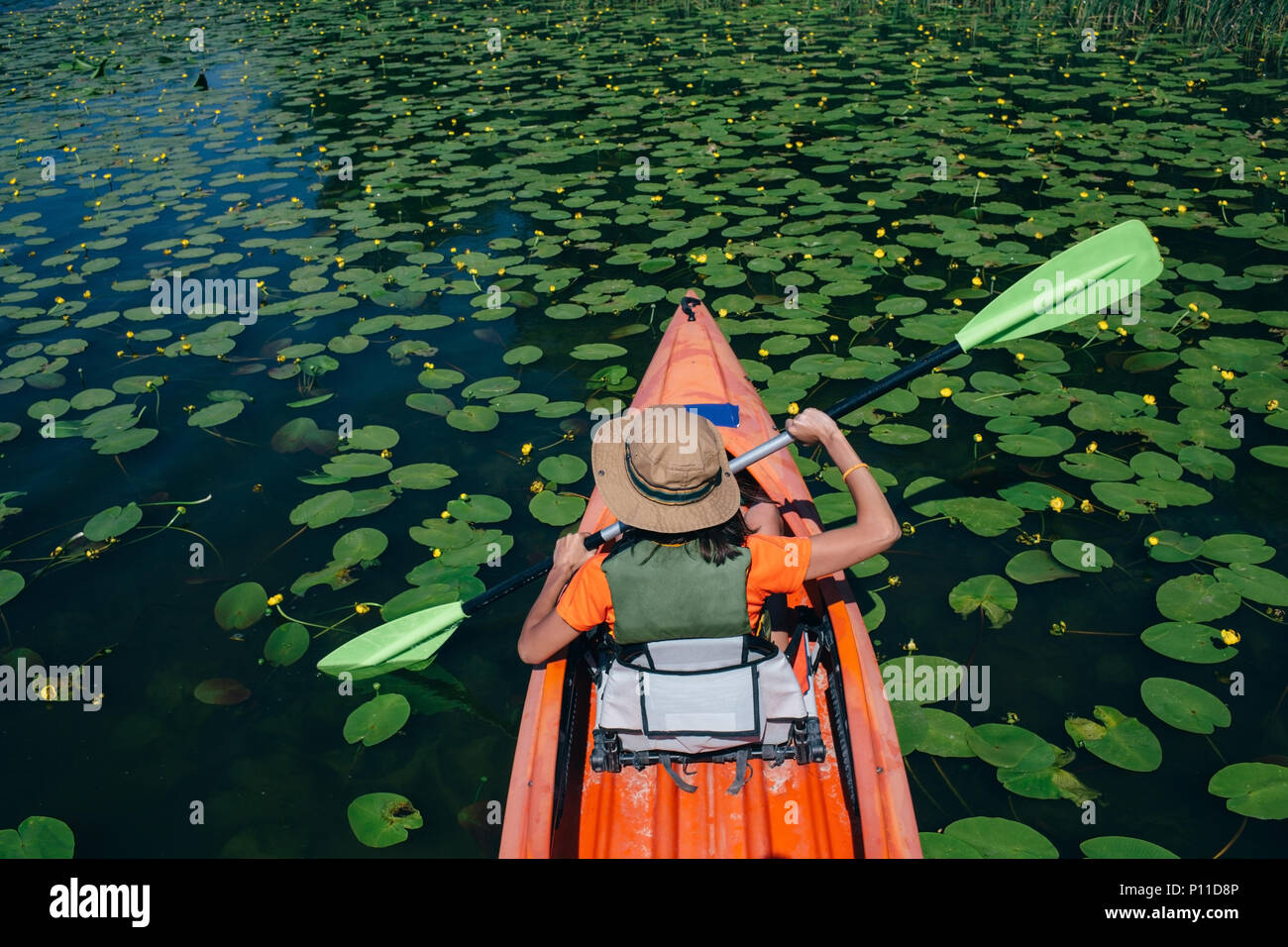 Donna kayak su un lago incontaminato, vista dall'alto Foto Stock