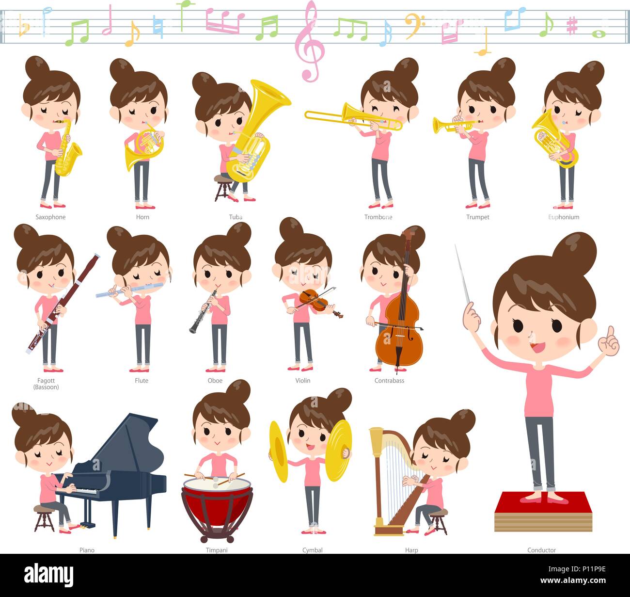 Bun capelli mom pantaloni stile musica classica Illustrazione Vettoriale