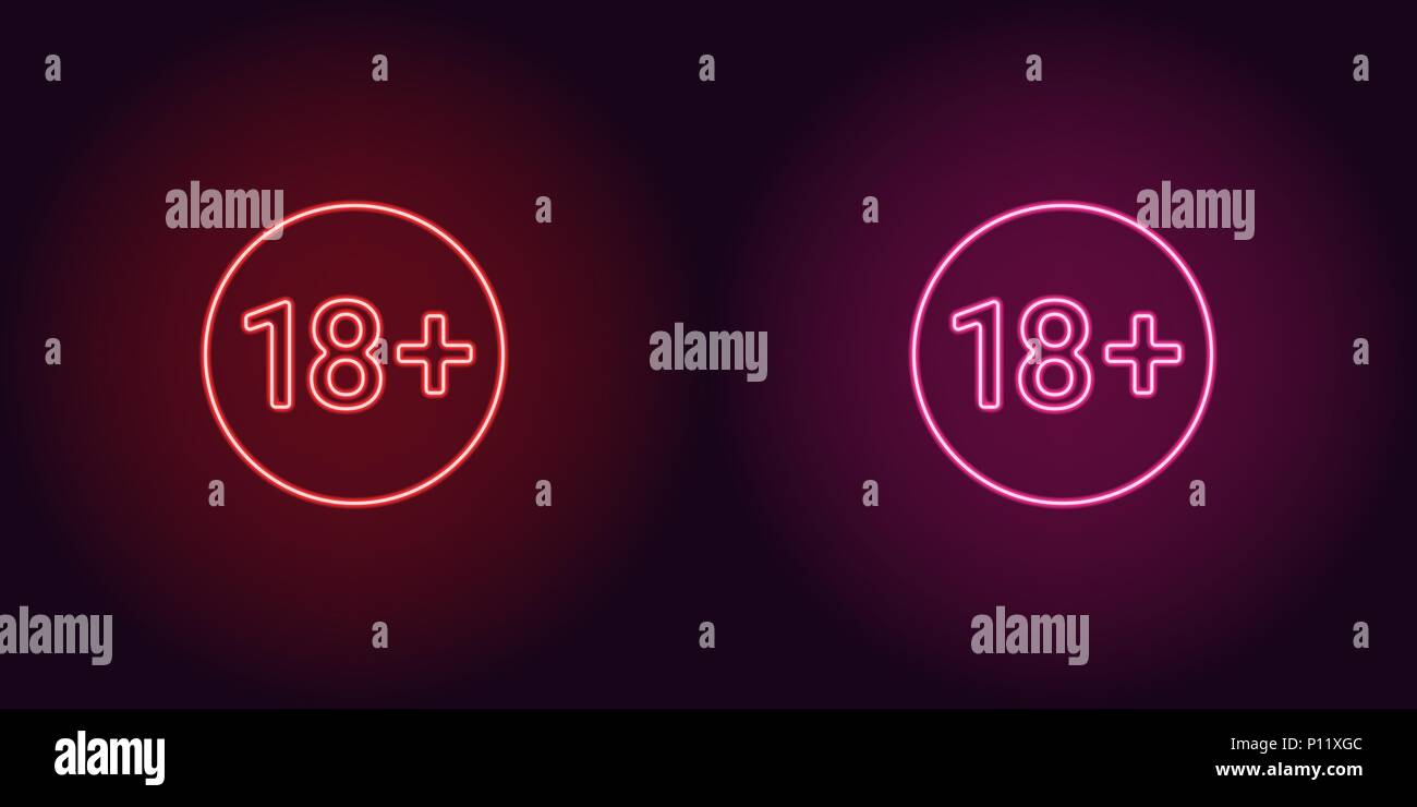 Il Neon icona del limite di età per sotto 18. I colori rosso e rosa segno del vettore di restrizione per persone al di sotto dei diciotto anni costituito da contorni al neon, con backligh Illustrazione Vettoriale