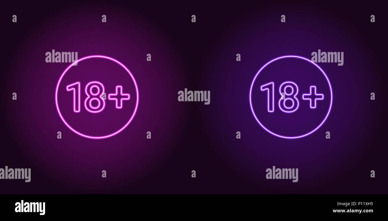 Il Neon icona del limite di età per sotto 18. Viola e violetto segno del vettore di restrizione per persone al di sotto dei diciotto anni costituito da contorni al neon, con bac Illustrazione Vettoriale