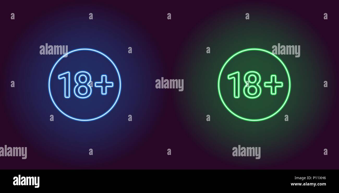Il Neon icona del limite di età per sotto 18. Blu e verde segno del vettore di restrizione per persone al di sotto dei diciotto anni costituito da contorni al neon, con backli Illustrazione Vettoriale