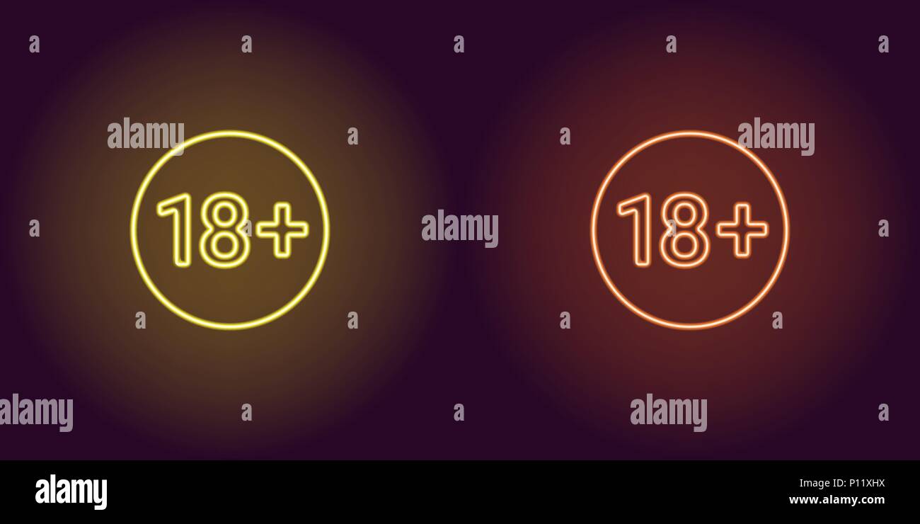 Il Neon icona del limite di età per sotto 18. Giallo e arancione segno del vettore di restrizione per persone al di sotto dei diciotto anni costituito da contorni al neon, con bac Illustrazione Vettoriale