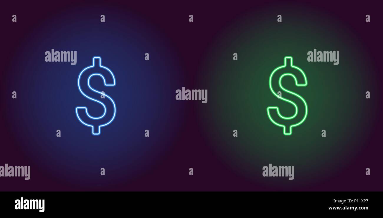 Icona al neon di Blu e Verde dollaro. Illustrazione Vettoriale di blu e neon verde dollaro costituito da contorni al neon, con retroilluminazione sul buio backgrou Illustrazione Vettoriale