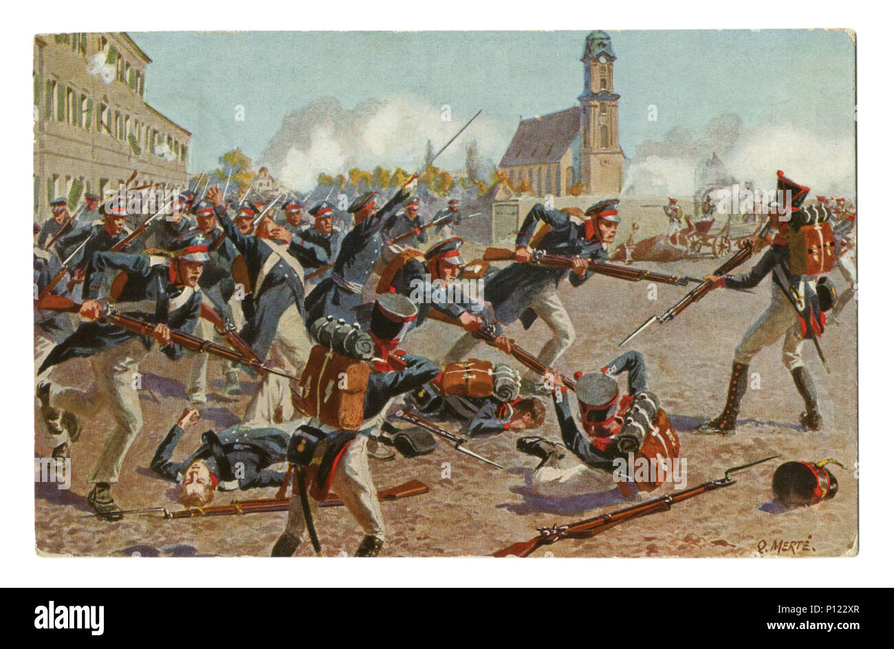 German Historical cartolina: Storming il gate Grimma dalla Prussia orientale battaglione di Landver sotto i principali Friccius. Battaglia di Lipsia, 1813 Foto Stock