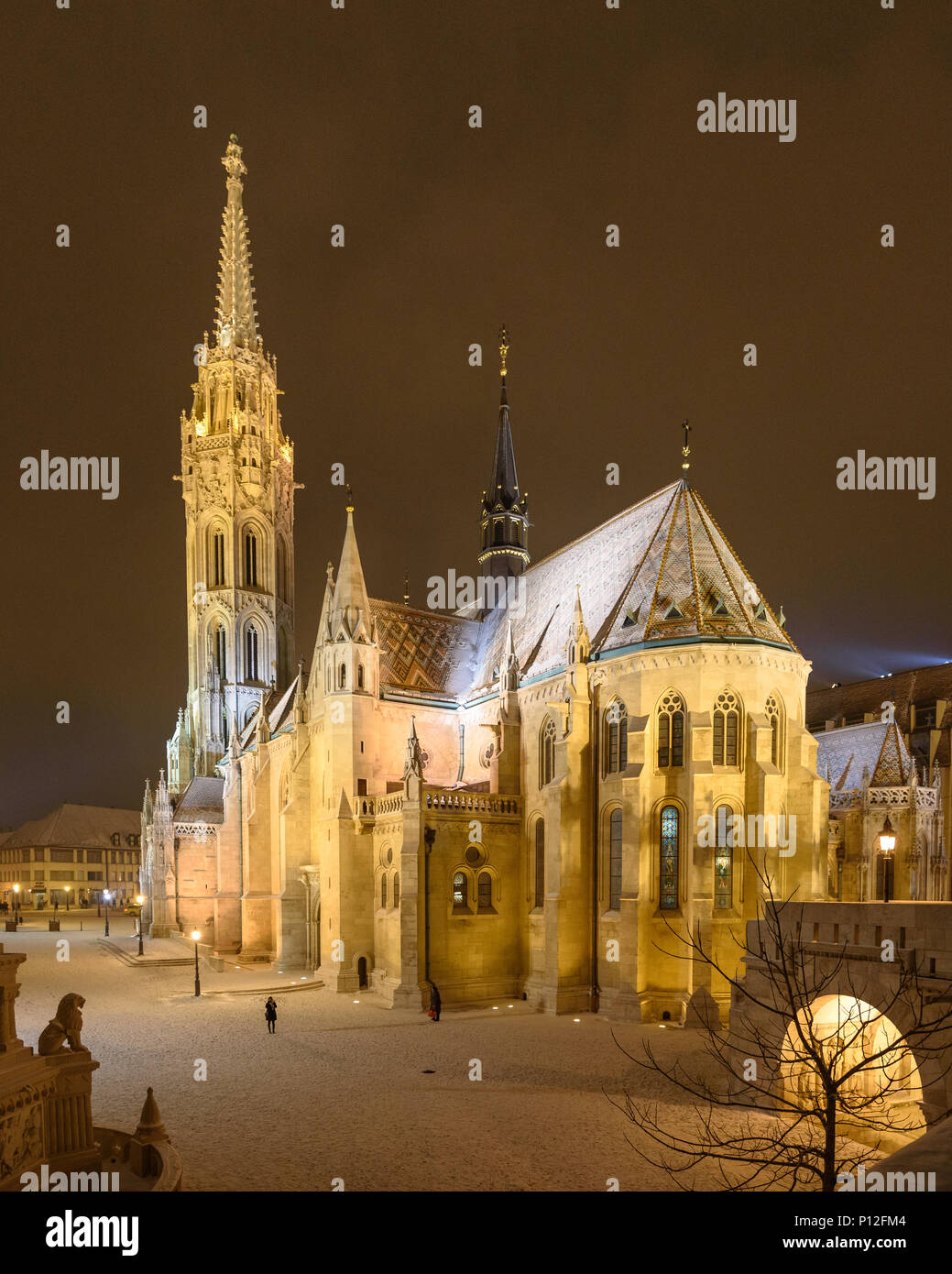 La Chiesa Mattia in inverno con neve in notturna a Budapest, Ungheria Foto Stock