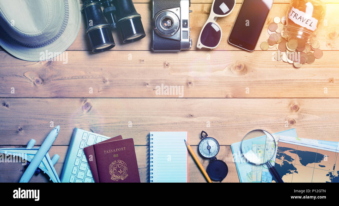 Pianificazione del viaggio - Preparazione Per Vacanze Viaggio - effetto vintage Foto Stock