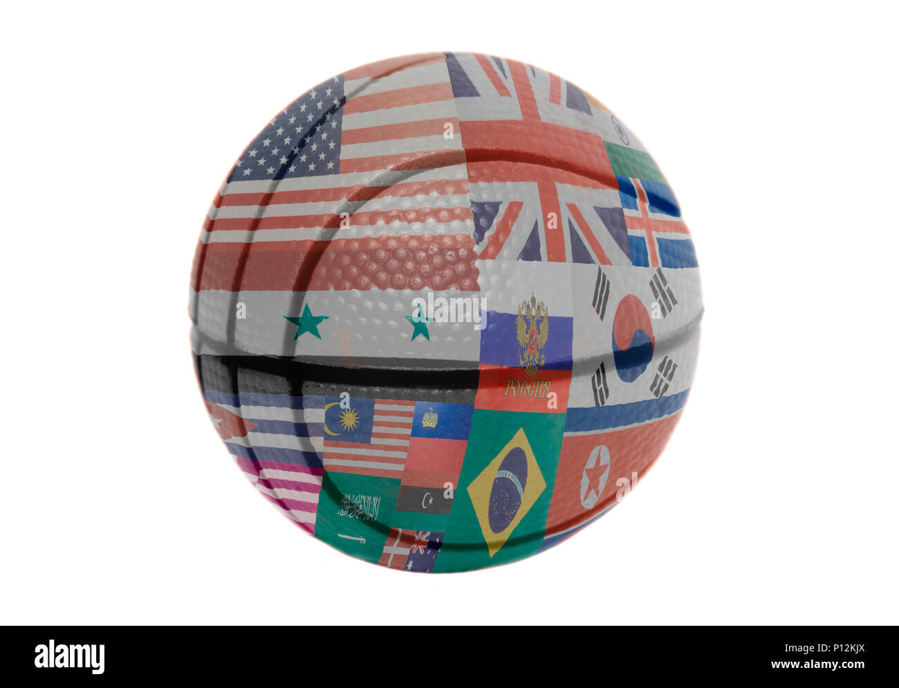 Le bandiere di tutti i paesi del mondo sulla sfera di pallavolo isolato su uno sfondo bianco Foto Stock