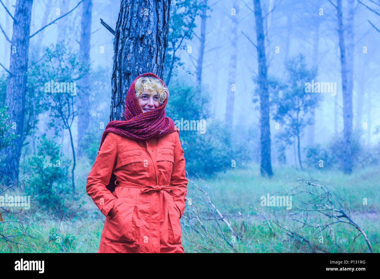 La donna in un boschetto di pini. Tierra Estella County, Navarra, Spagna, Europa. Foto Stock