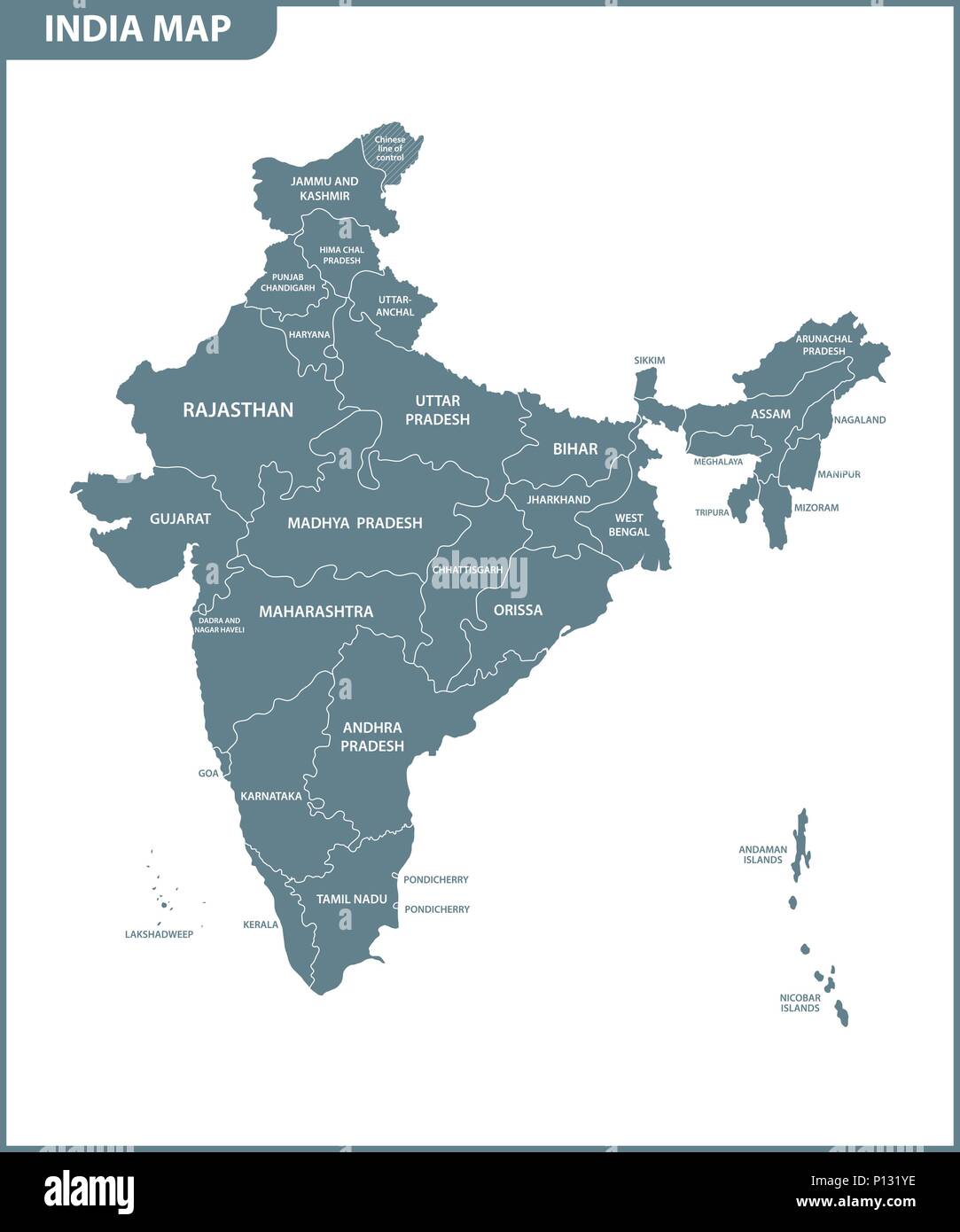 La mappa dettagliata dell'India con le regioni o gli Stati membri. Divisione amministrativa. Illustrazione Vettoriale
