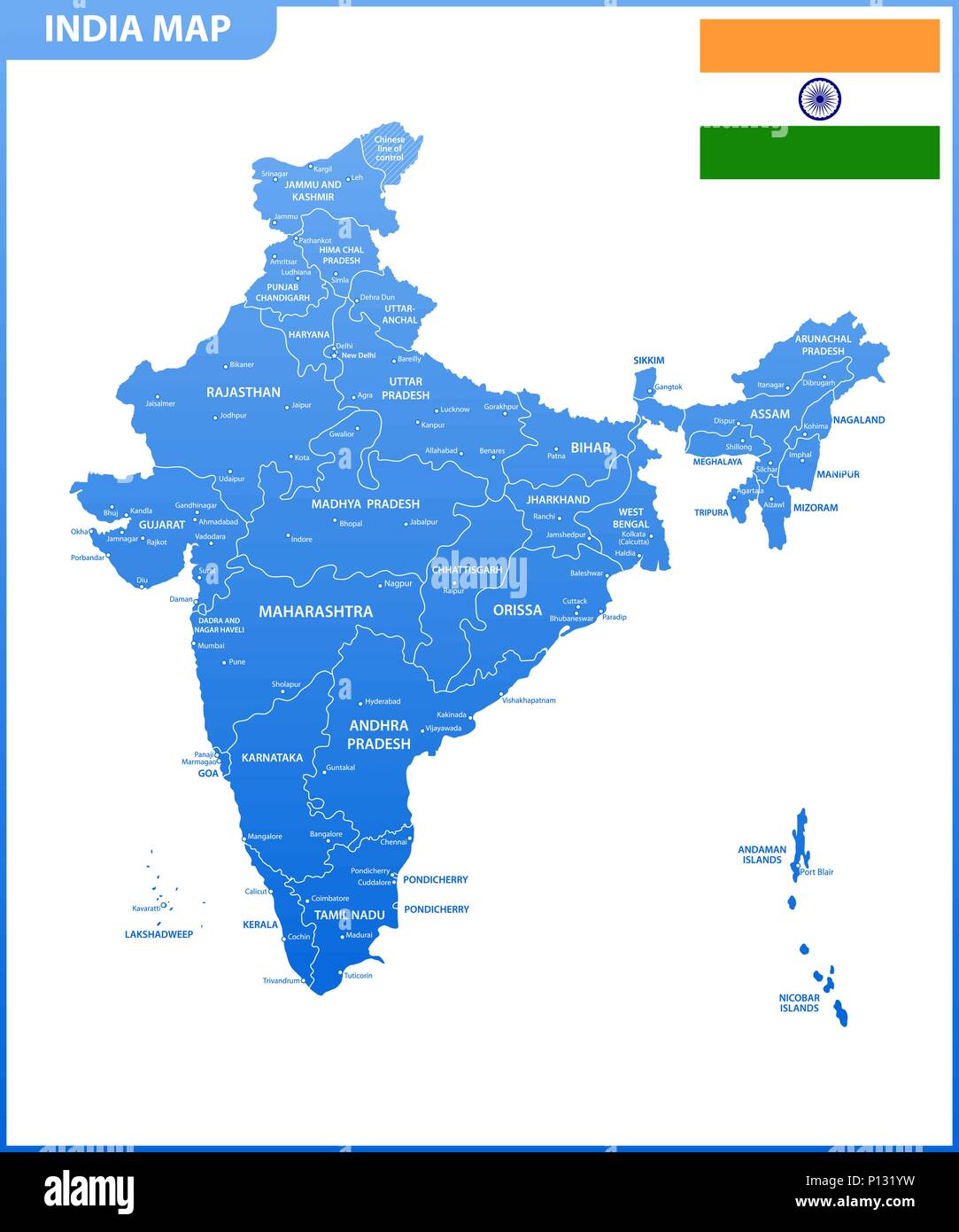 La mappa dettagliata dell'India con le regioni o gli stati e le città capitali. Divisione amministrativa. Illustrazione Vettoriale