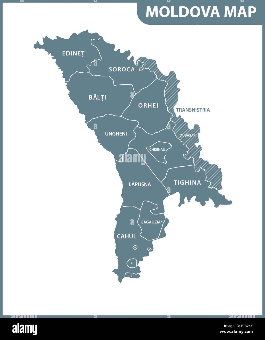 La mappa dettagliata della Moldavia con le regioni o gli Stati membri. Divisione amministrativa. Transnistria è contrassegnato come contestazione di un territorio Illustrazione Vettoriale