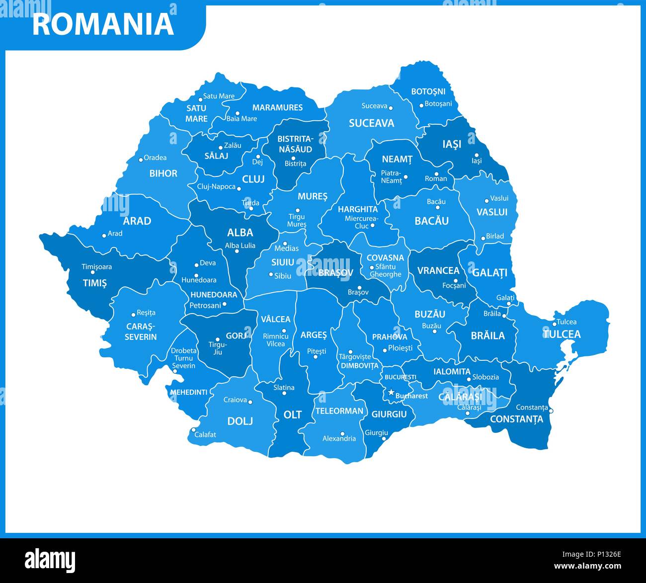 La mappa dettagliata della Romania con le regioni o gli stati e le città capitali. Divisione amministrativa. Illustrazione Vettoriale