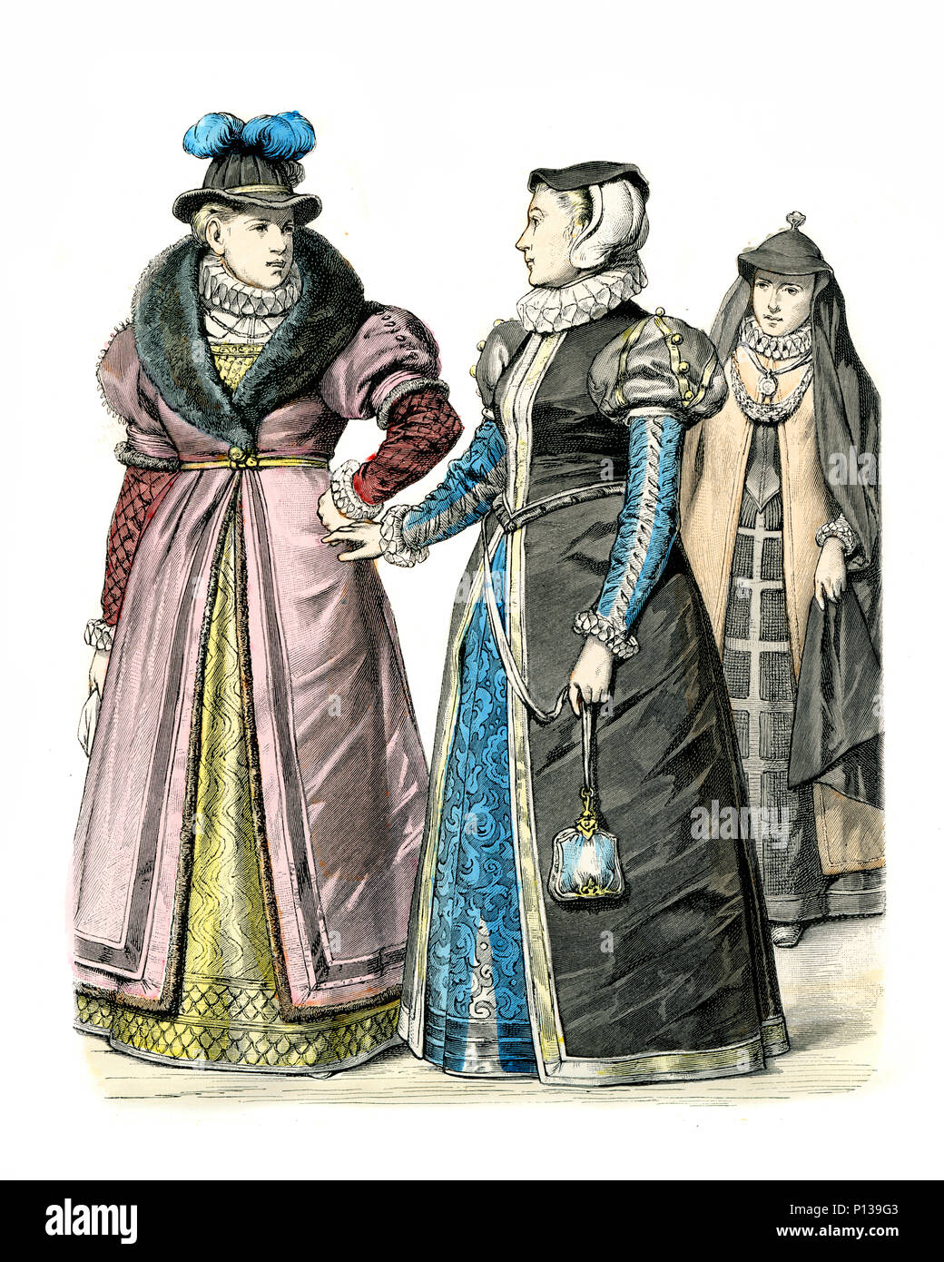 Vintage Incisione Di Storia Della Moda Costumi Di Inghilterra Del Xvi Secolo Nobili Donne Di Londra 1590 Foto Stock Alamy