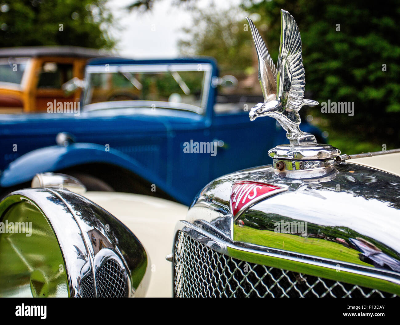 Alvis auto cofano argento ornamento e mascotte auto prese a Puddletown, Dorset, Regno Unito il 10 giugno 2018 Foto Stock