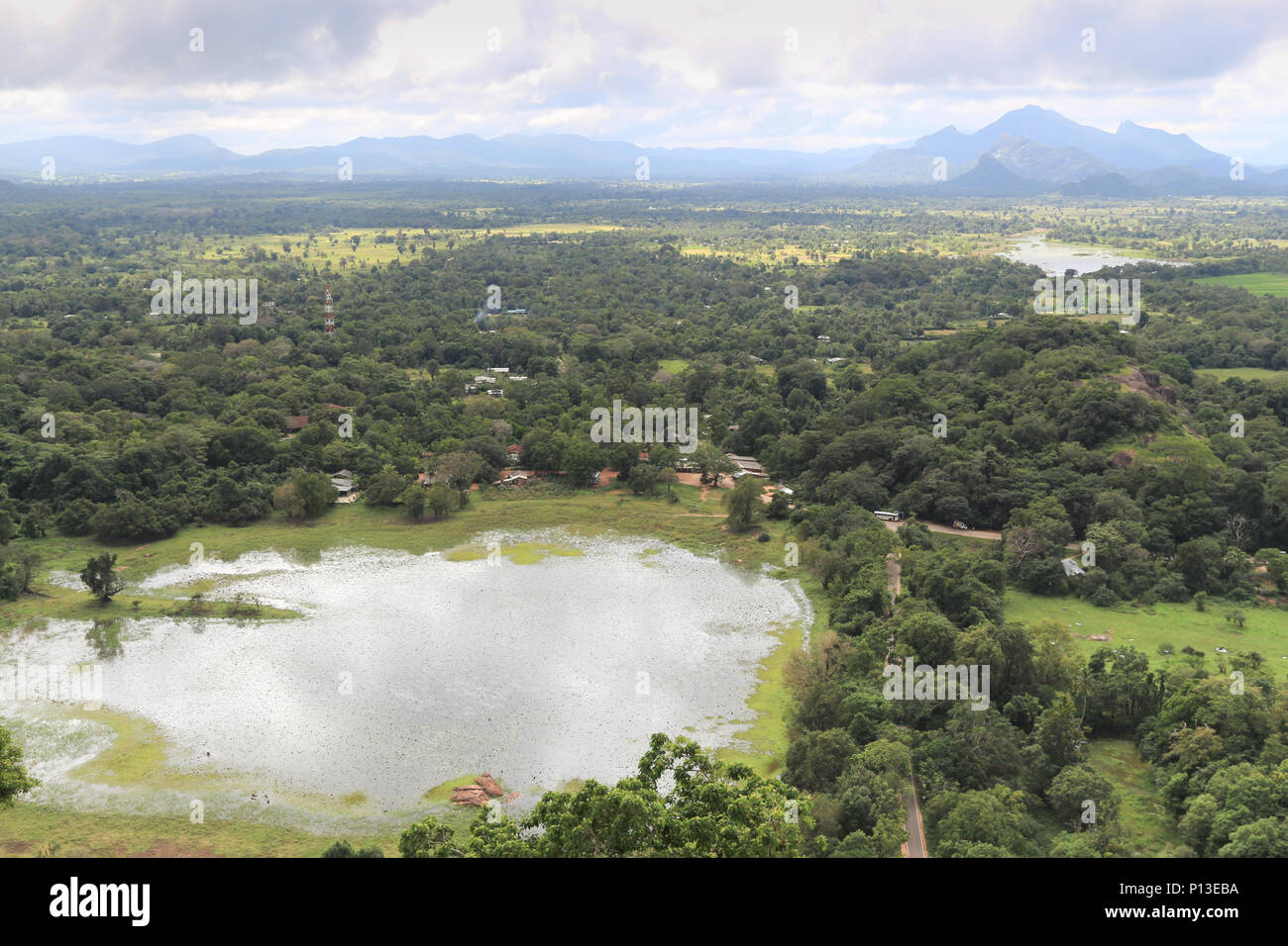 Vista panoramica della foresta dalla sommità del Leone di Sigiriya rock fortezza in Sri Lanka Foto Stock