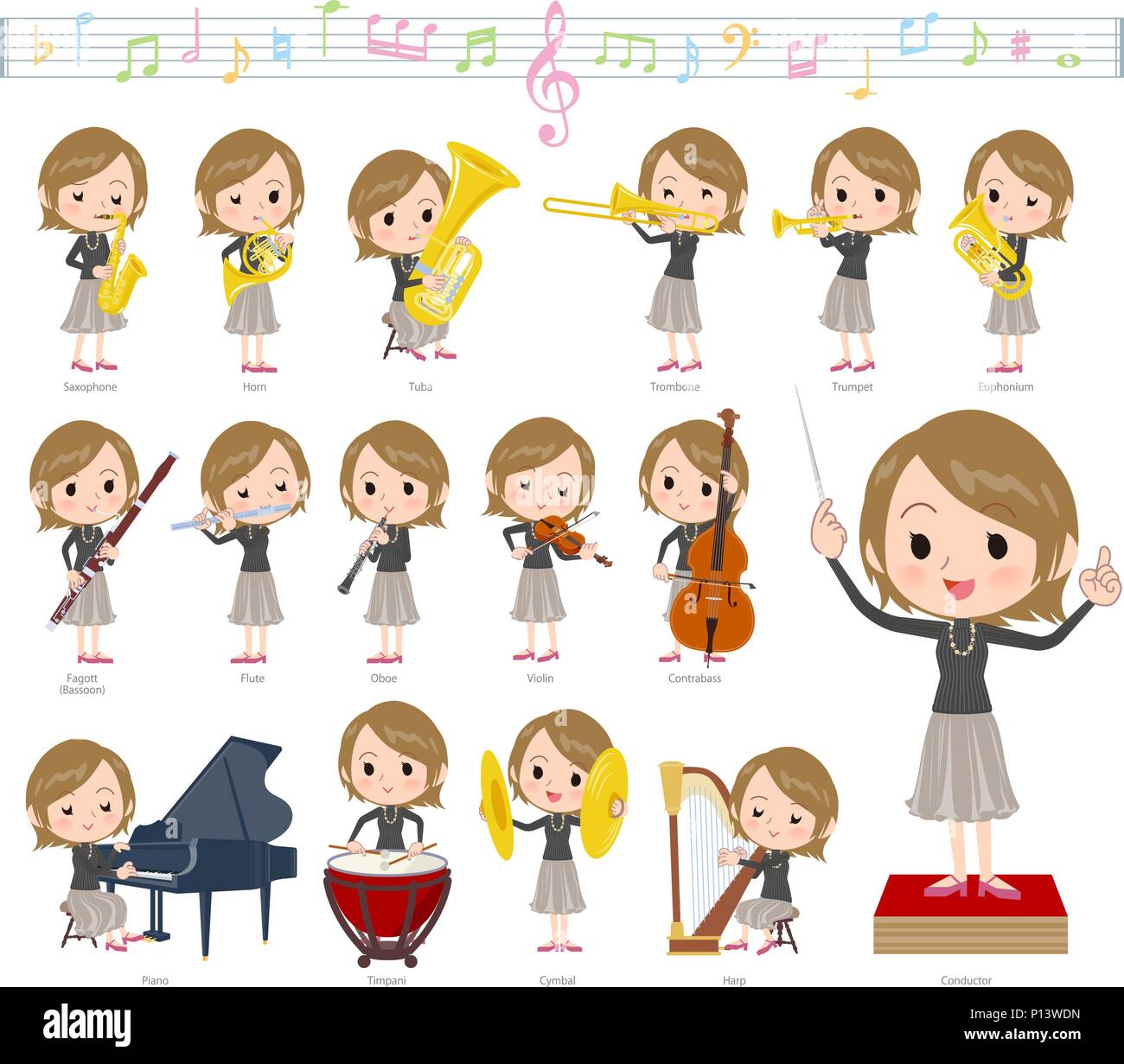 Un gruppo di donne su spettacoli di musica classica. Non ci sono azioni per la riproduzione di diversi strumenti come gli strumenti a corda e strumenti a fiato. Si tratta di ve Illustrazione Vettoriale