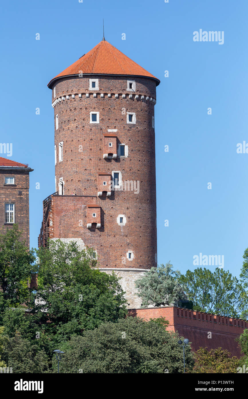 Il castello di Wawel tower a Cracovia in Polonia. Old Royal capitale polacca architettura. Foto Stock