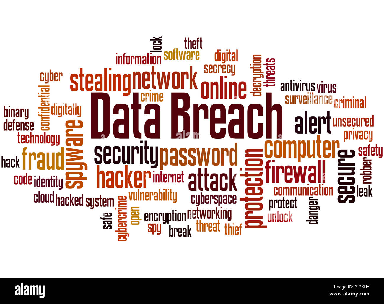 Violazione dei dati, word cloud concetto su sfondo bianco. Foto Stock