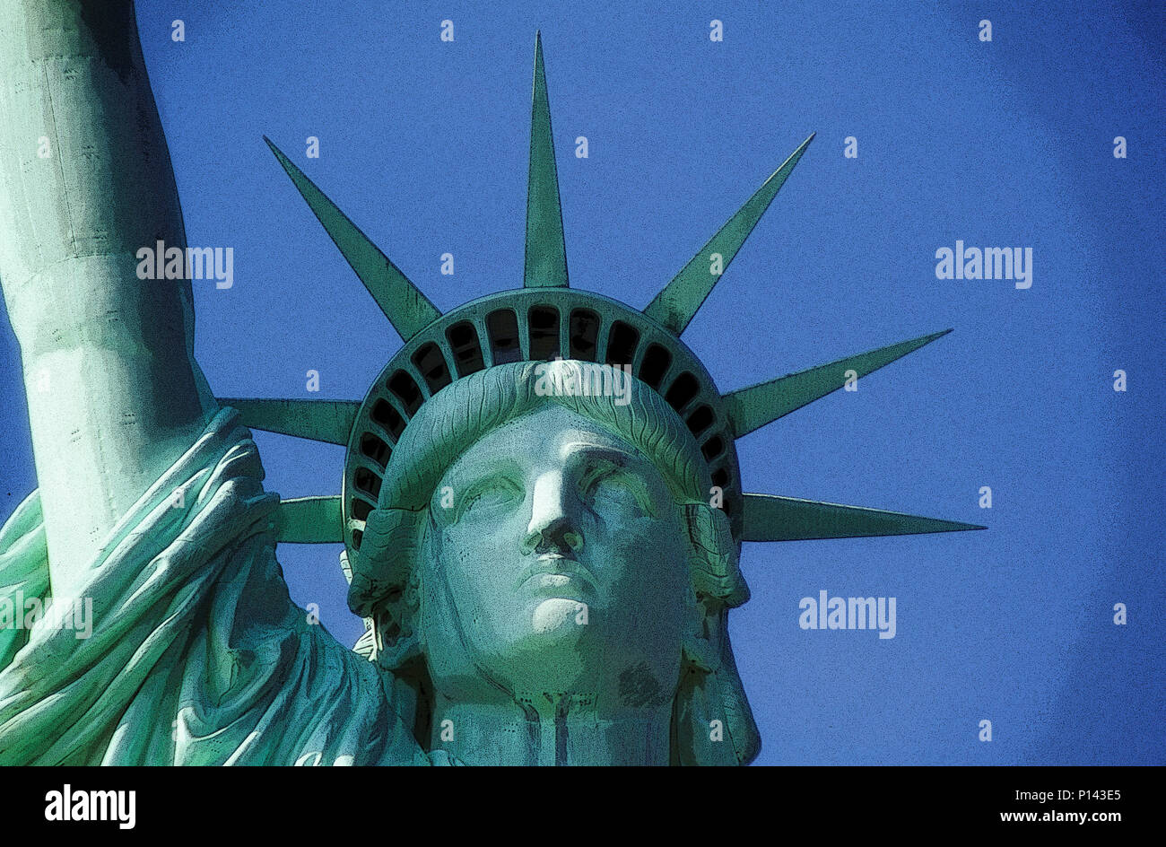 Statua della Libertà, chiudere la vista della faccia e sette corona appuntita, New York, NY, STATI UNITI D'AMERICA Foto Stock