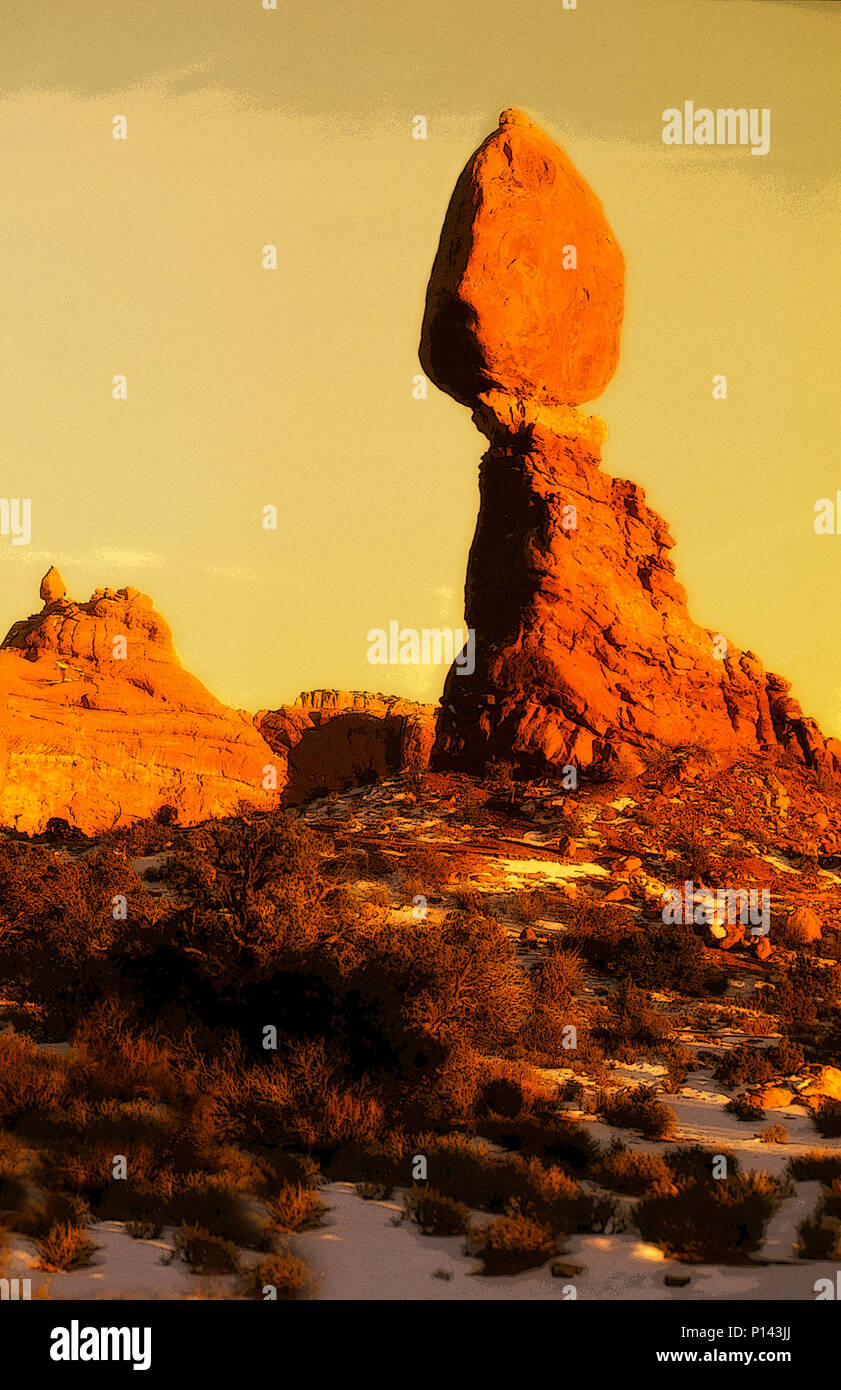 Parco Nazionale di Arches: vicino a Moab, equilibrato Rock in fine di luce (reso in PS), Utah, Stati Uniti d'America Foto Stock